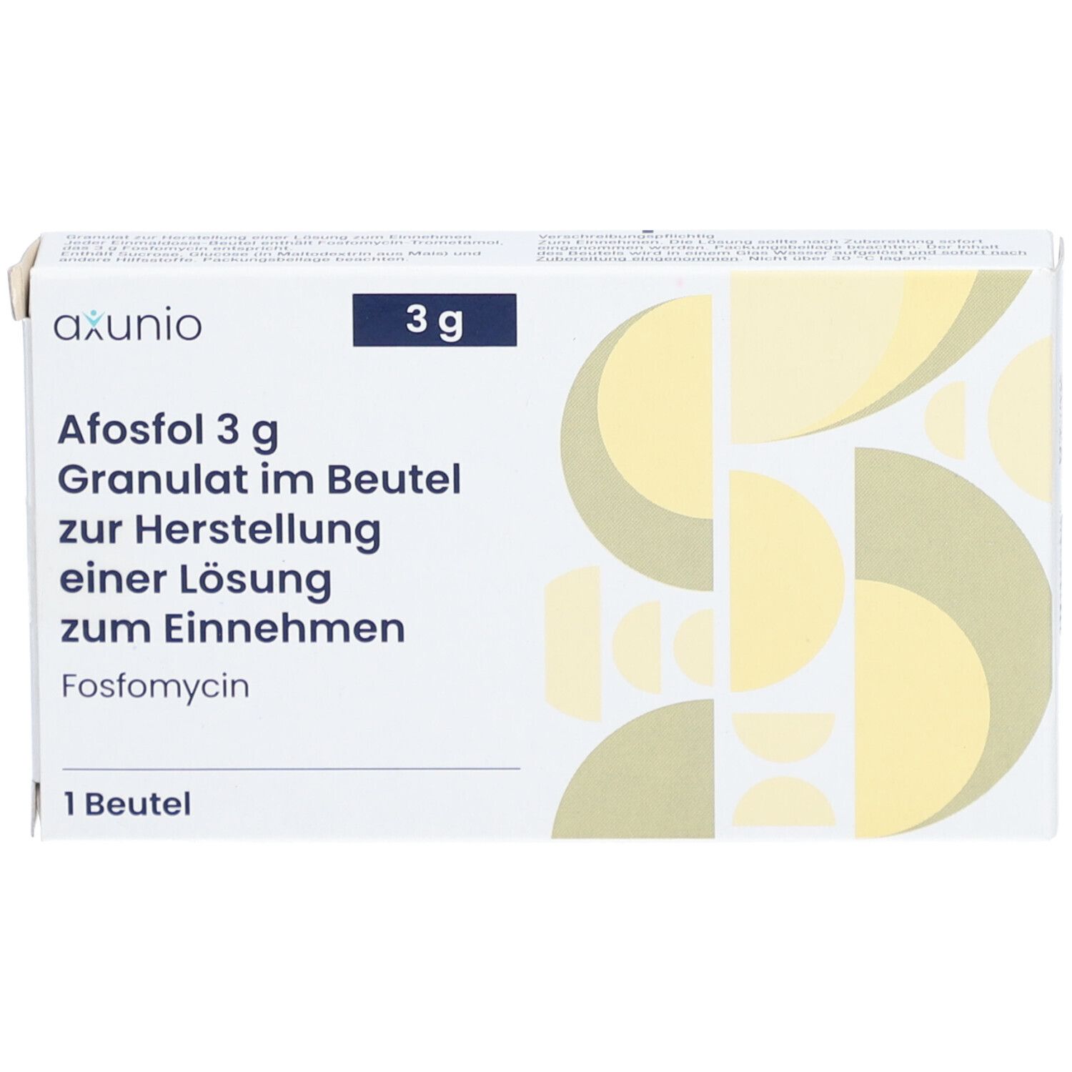 Schachtel mit AFOSFOL 3 g Granulat. Text: Granulat im Beutel zur Herstellung einer Lösung zum Einnehmen. 1 Beutel. Marke: axunio.