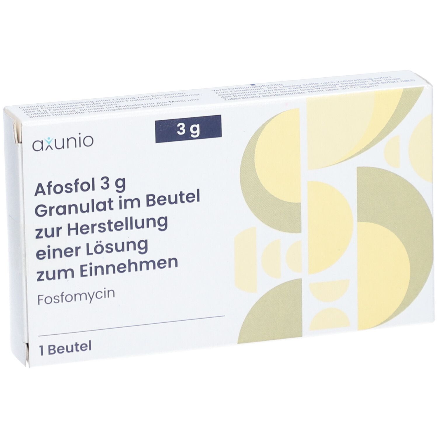 Schachtel mit AFOSFOL 3 g Granulat. Text: Granulat im Beutel zur Herstellung einer Lösung zum Einnehmen. 1 Beutel. Marke: axunio.