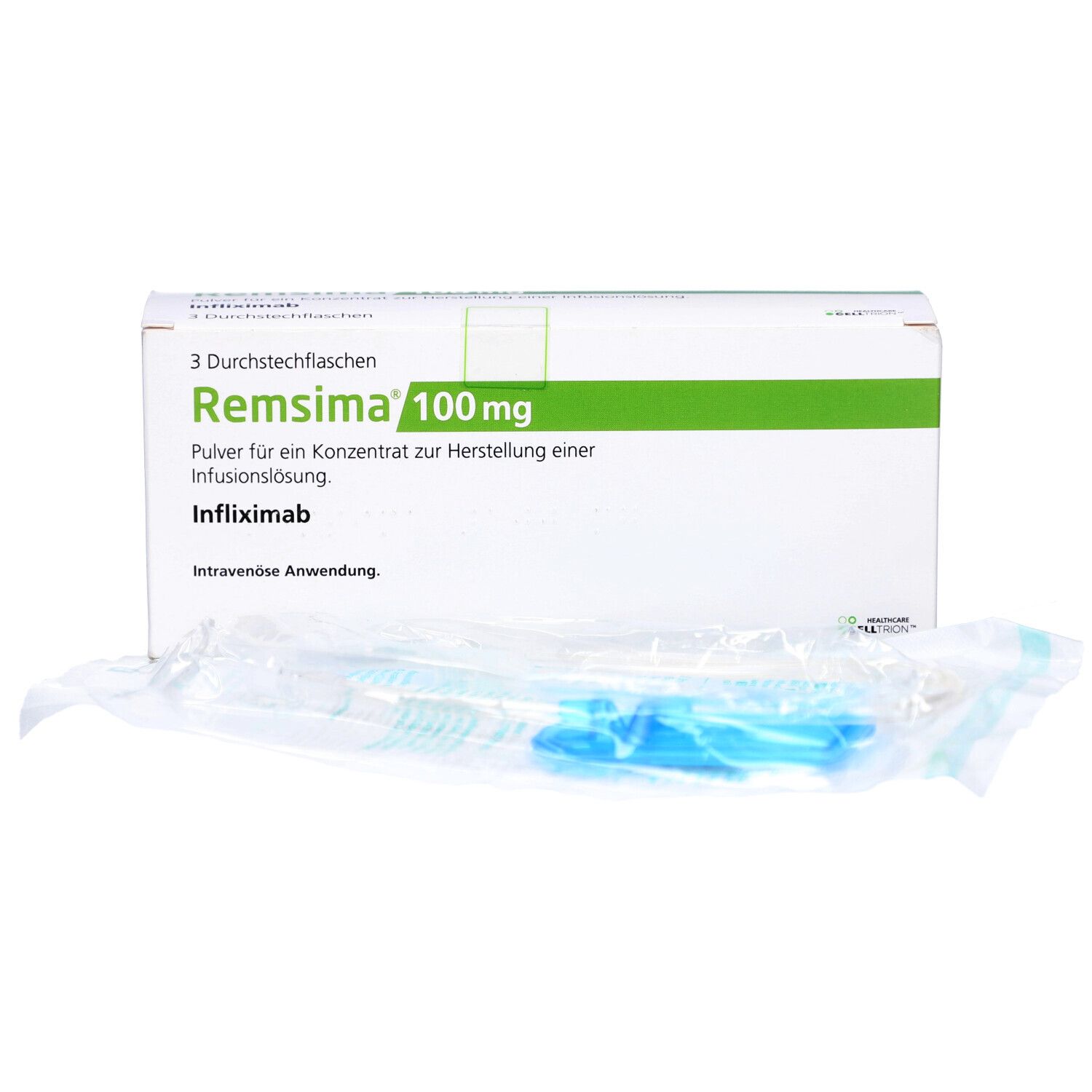 Verpackung mit Aufschrift Remsima 100 mg, Infusionslösung. Enthält 3 Durchstechflaschen und Zubehör in Folie verpackt.