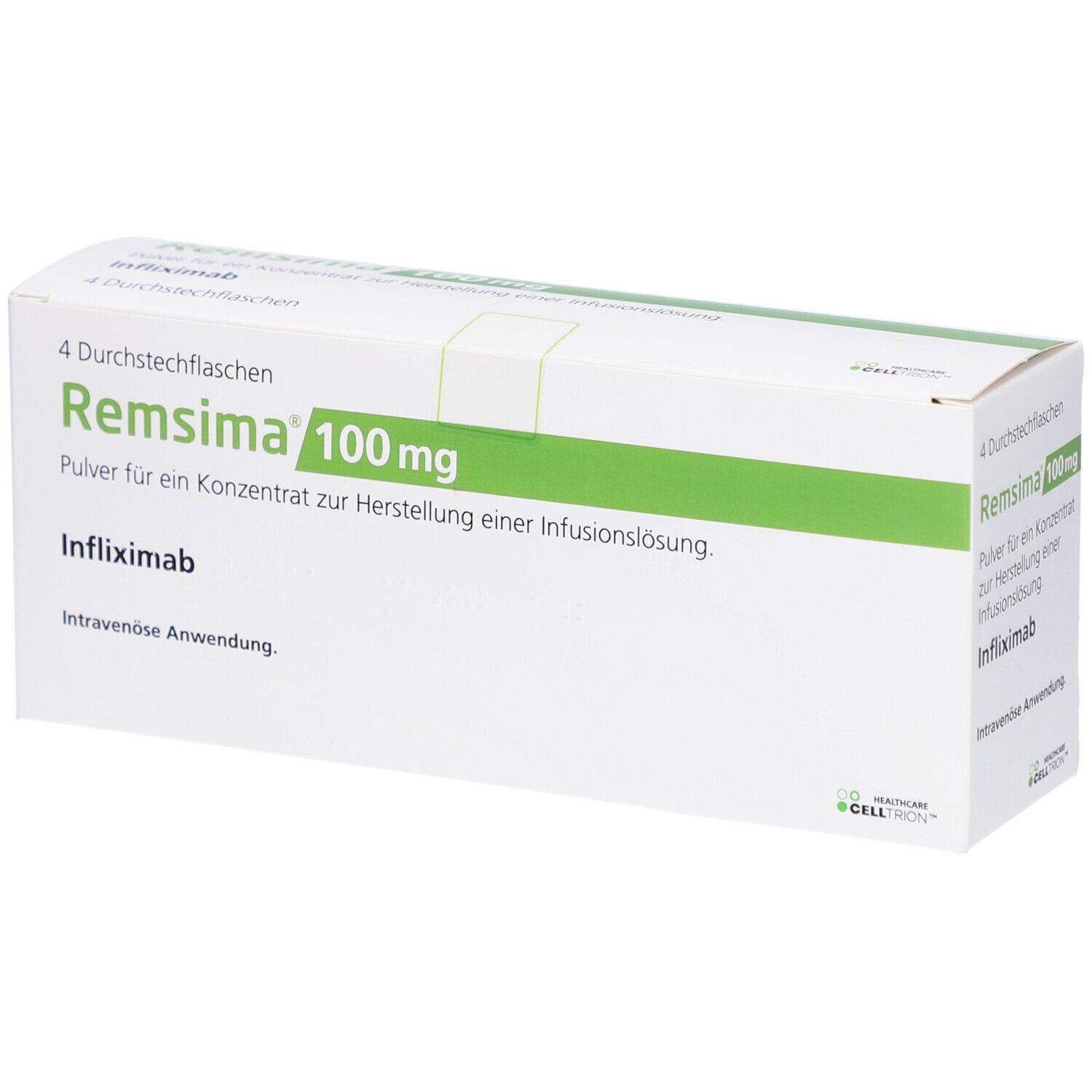 Weißer Karton mit grünen Akzenten. Aufschrift: Remsima 100 mg, Infliximab. Enthält 4 Durchstechflaschen.