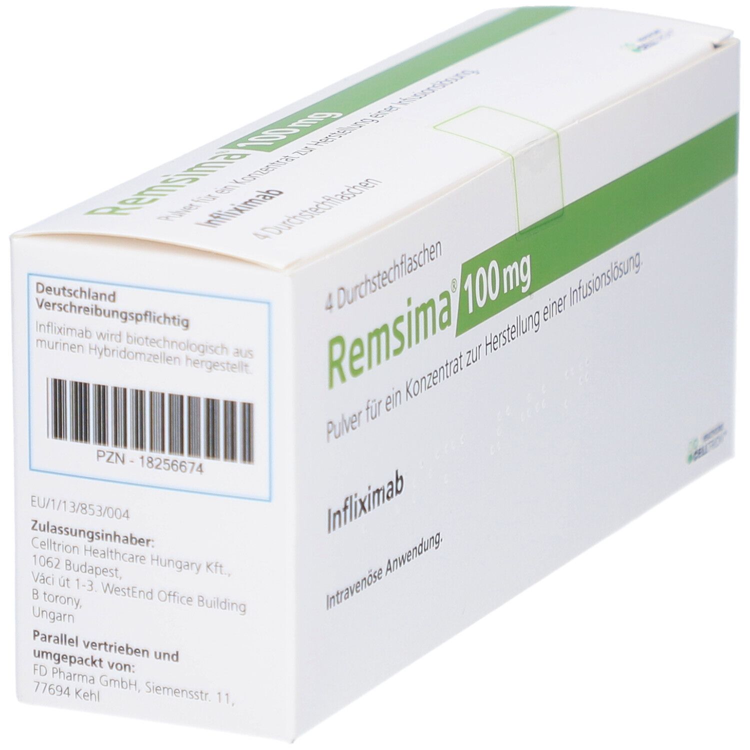 Weißer Karton mit grünen Akzenten. Aufschrift: Remsima 100 mg, Infliximab. Enthält 4 Durchstechflaschen. Details.