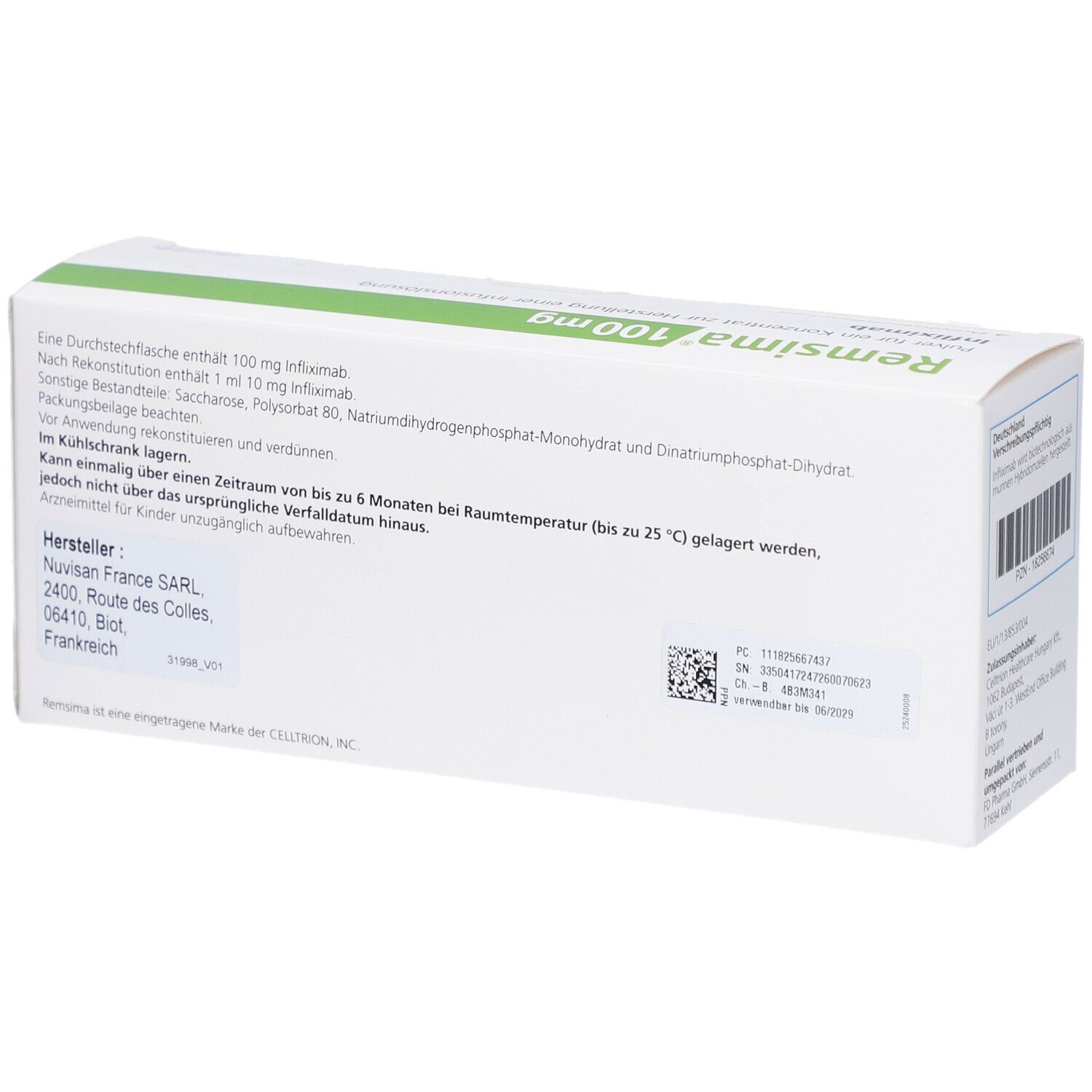 Rückseite der REMSIMA 100 mg Verpackung. Enthält Informationen und Herstellerangaben.