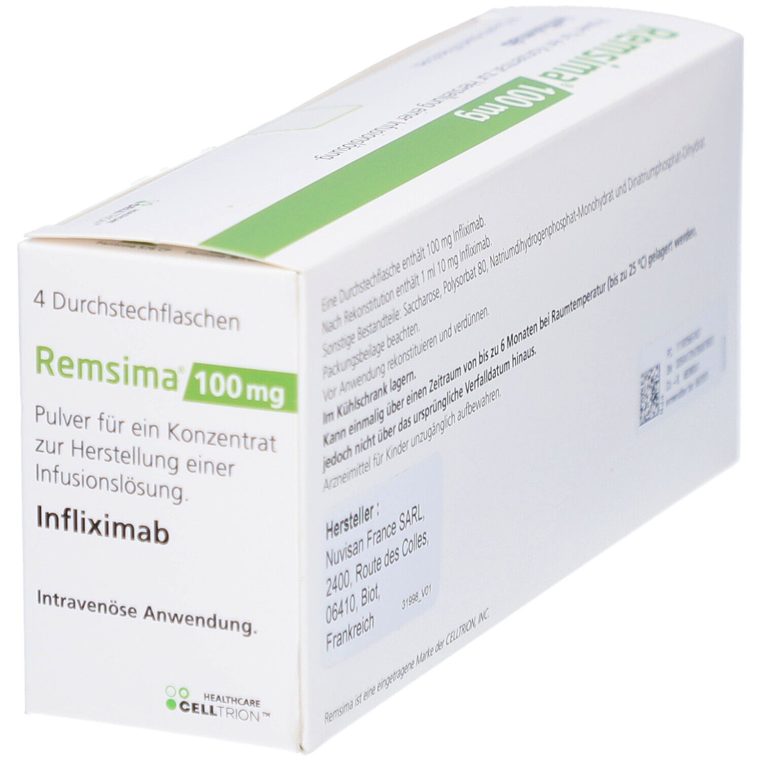 Weißer Karton mit grünen Akzenten. Aufschrift: Remsima 100 mg, Infliximab. Enthält 4 Durchstechflaschen. Details.
