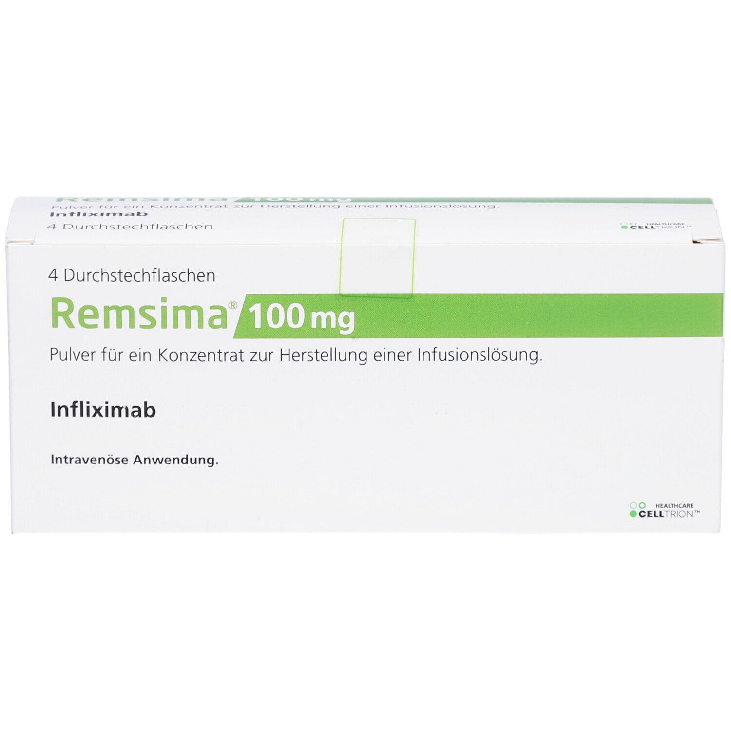 Weißer Karton mit grünen Akzenten. Aufschrift: Remsima 100 mg, Infliximab. Enthält 4 Durchstechflaschen.