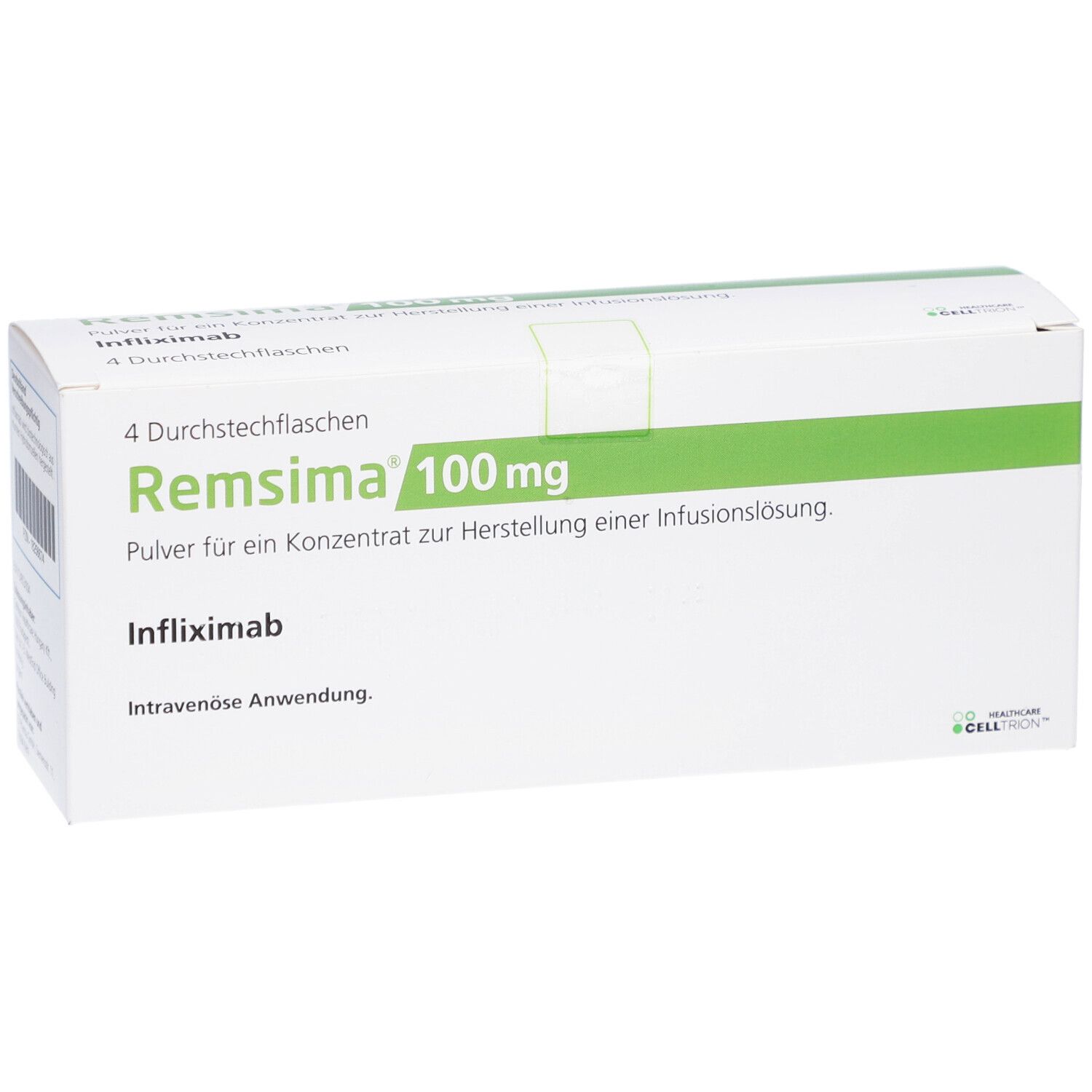 Weißer Karton mit grünen Akzenten. Aufschrift: Remsima 100 mg, Infliximab. Enthält 4 Durchstechflaschen.