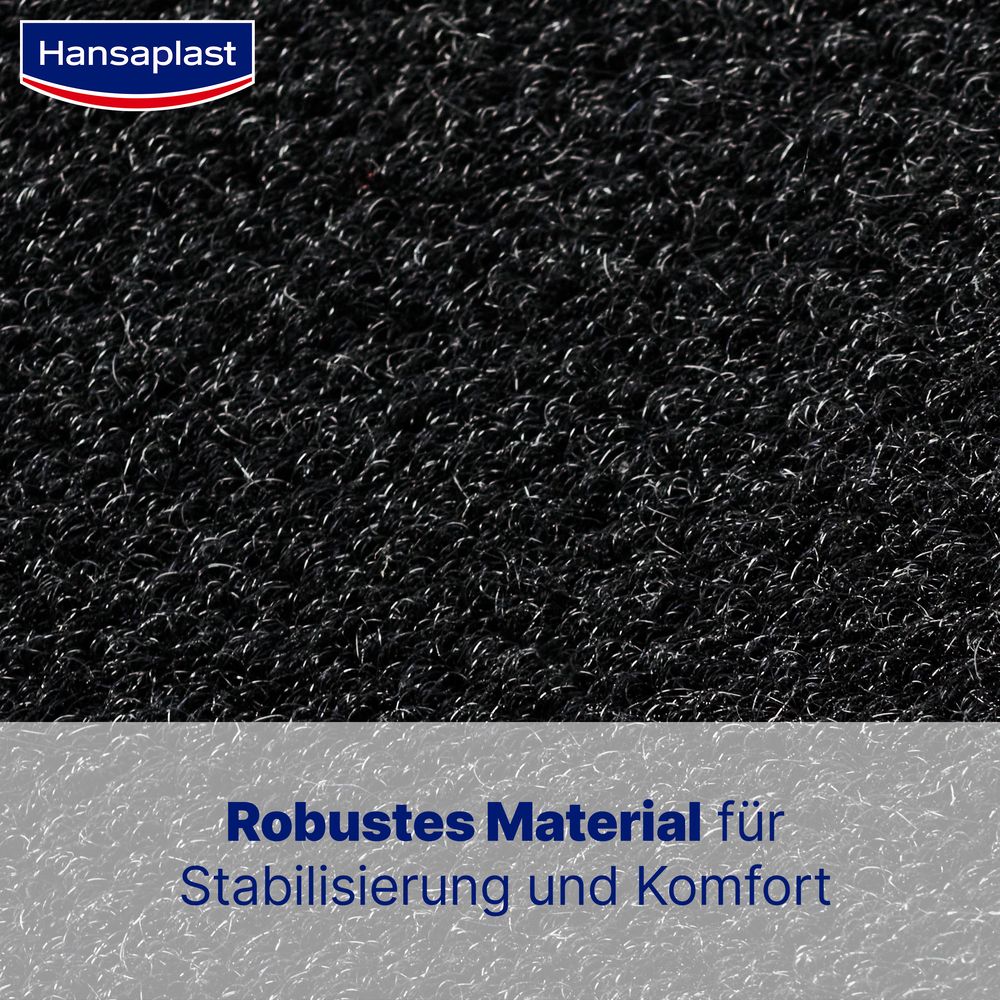 Nahaufnahme des schwarzen Materials der Bandage. Text: Robustes Material für Stabilisierung und Komfort.