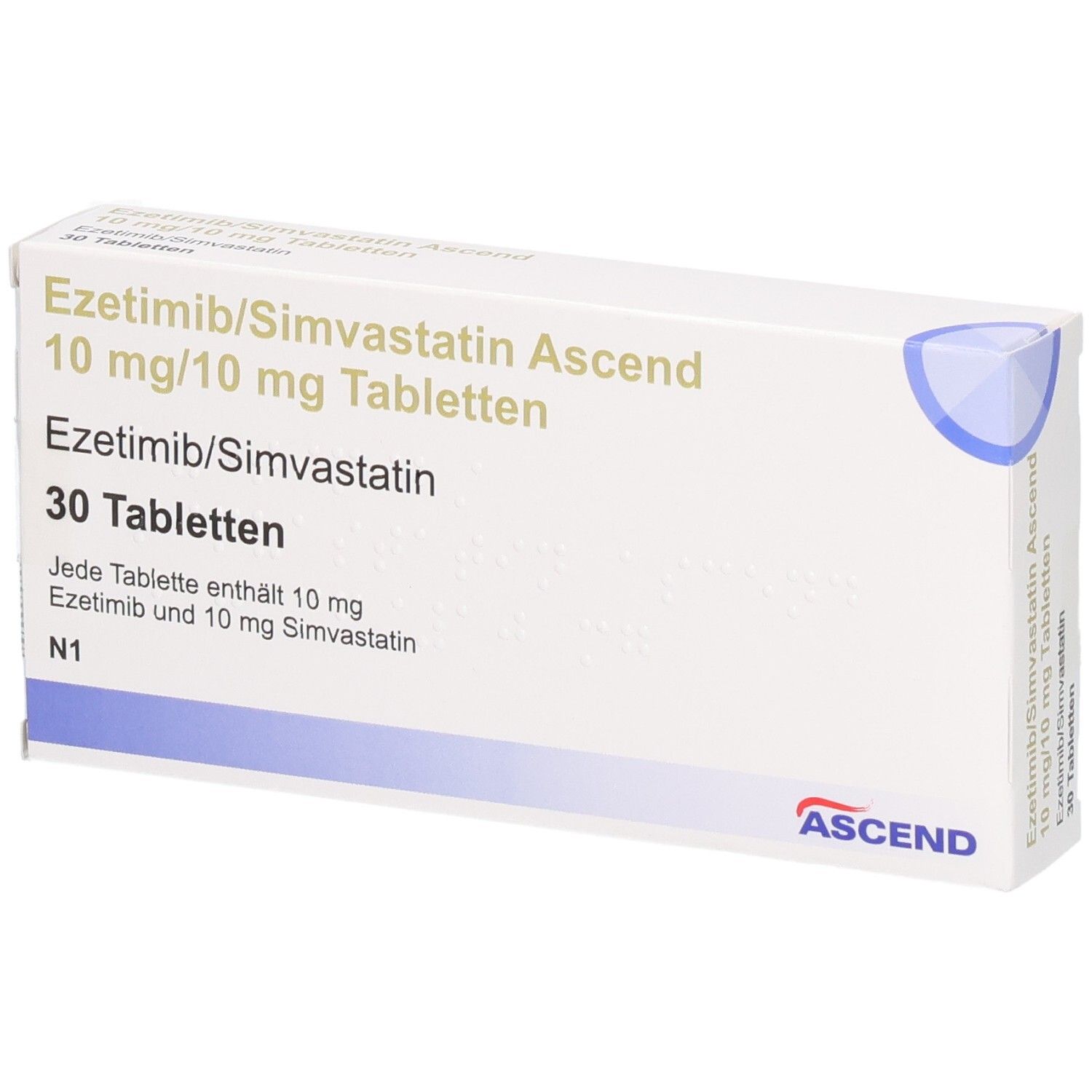 Schachtel mit EZETIMIB/Simvastatin Ascend 10 mg/10 mg Tabletten. 30 Tabletten. ASCEND-Logo.