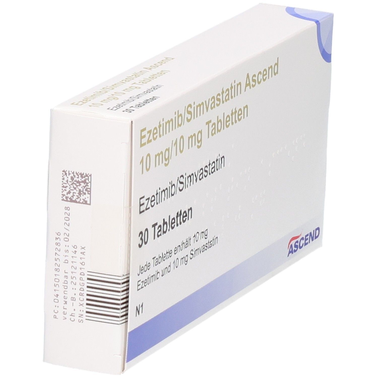 Schachtel mit EZETIMIB/Simvastatin Ascend 10 mg/10 mg Tabletten. 30 Tabletten. Seitenansicht.