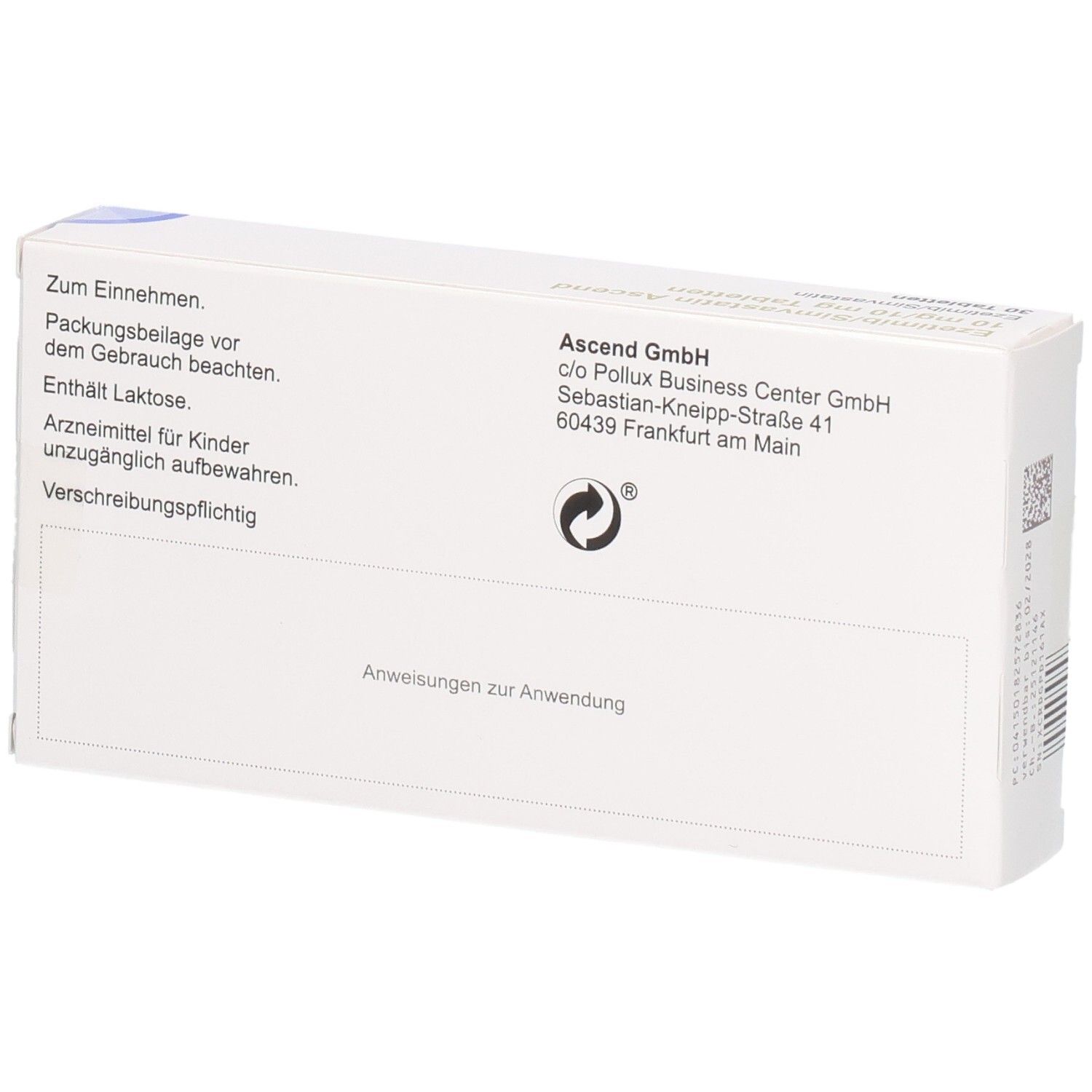 Rückseite der Schachtel mit EZETIMIB/Simvastatin Ascend. Text: Anweisungen zur Anwendung.