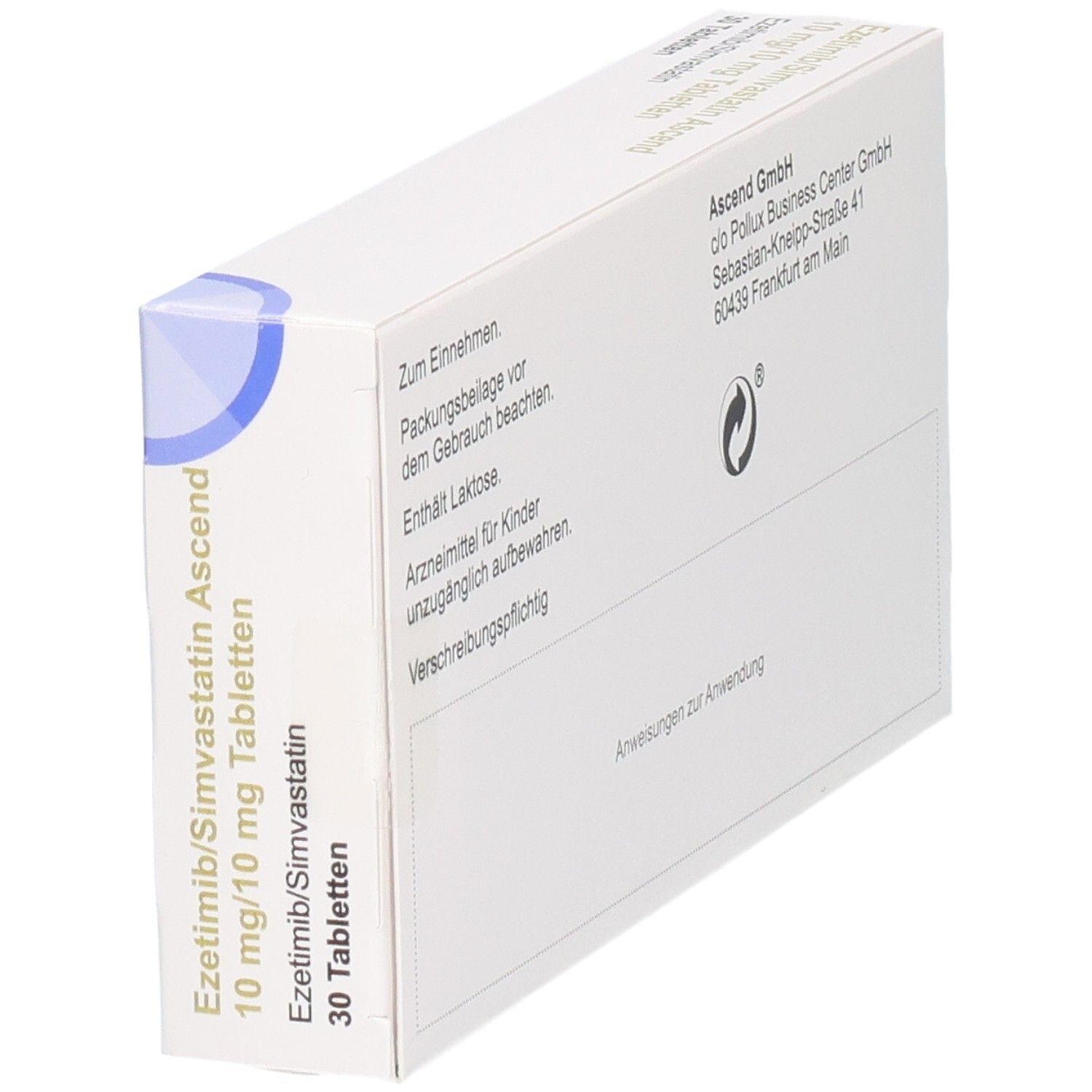 Schachtel mit EZETIMIB/Simvastatin Ascend 10 mg/10 mg Tabletten. 30 Tabletten. Seitenansicht.
