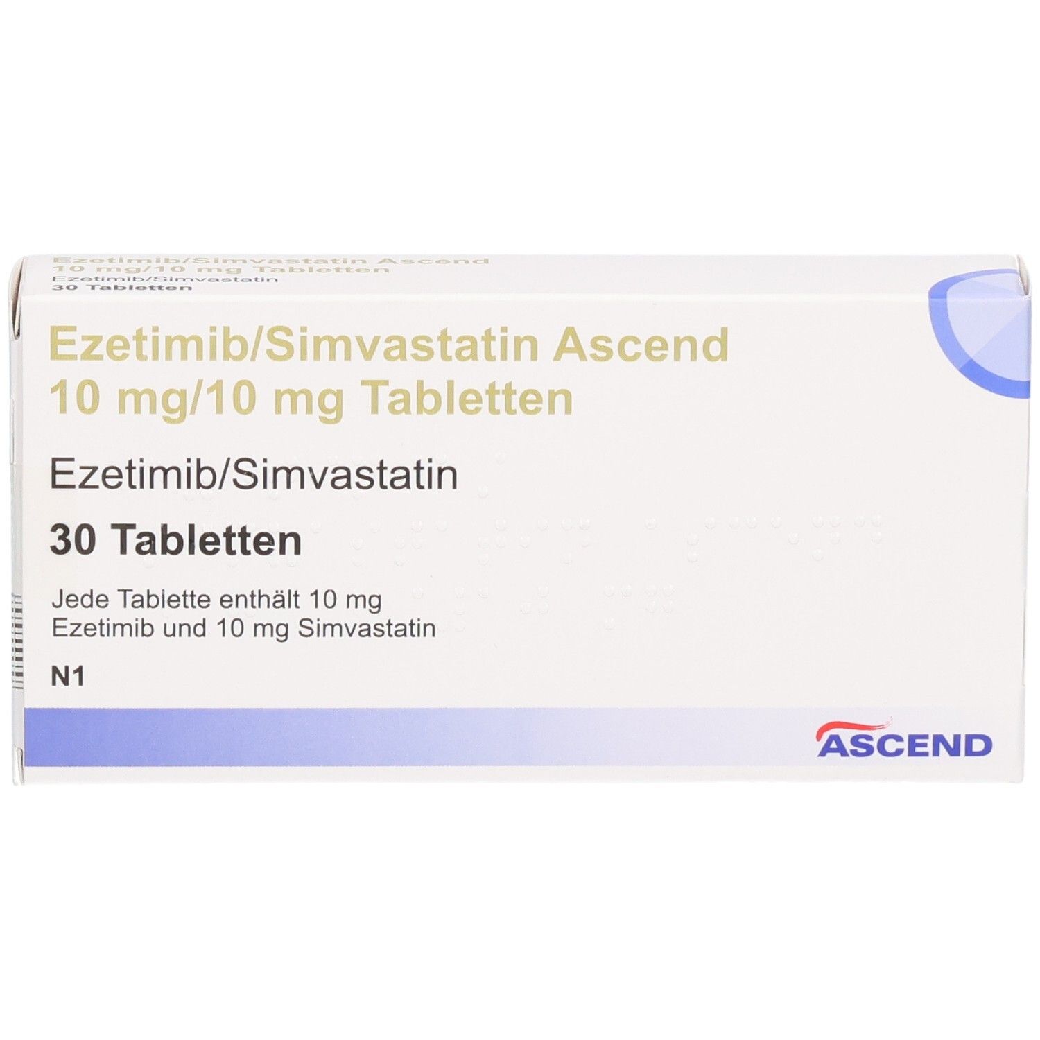 Schachtel mit EZETIMIB/Simvastatin Ascend 10 mg/10 mg Tabletten. 30 Tabletten. ASCEND-Logo.
