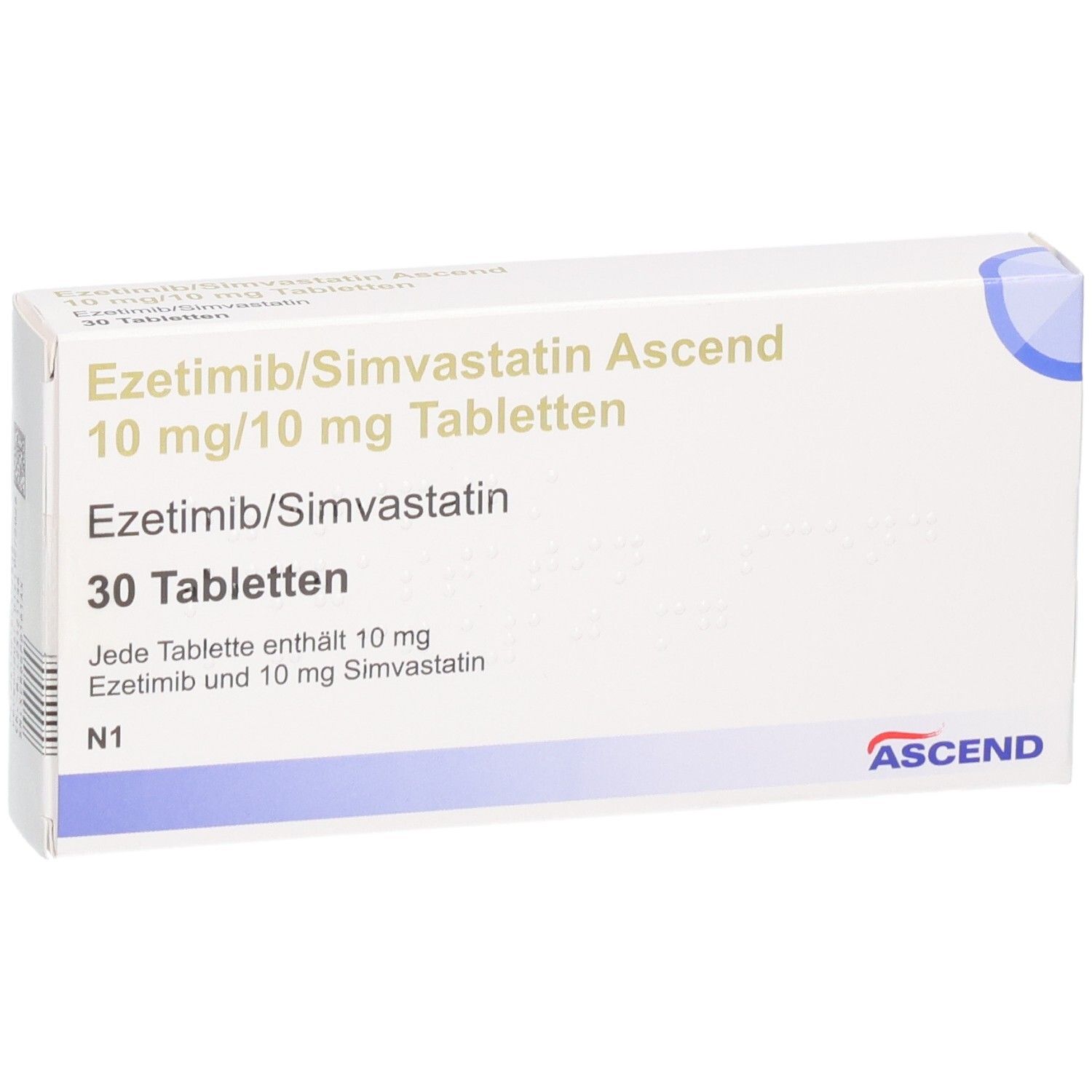 Schachtel mit EZETIMIB/Simvastatin Ascend 10 mg/10 mg Tabletten. 30 Tabletten. ASCEND-Logo.