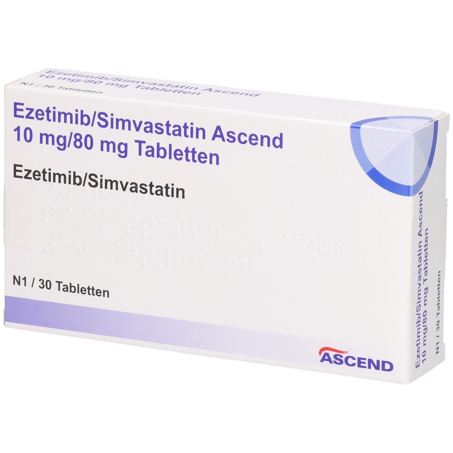 Weiße Tablettenbox. Aufschrift: Ezetimib/Simvastatin Ascend 10 mg/80 mg Tabletten. N1/30 Tabletten. ASCEND Logo.