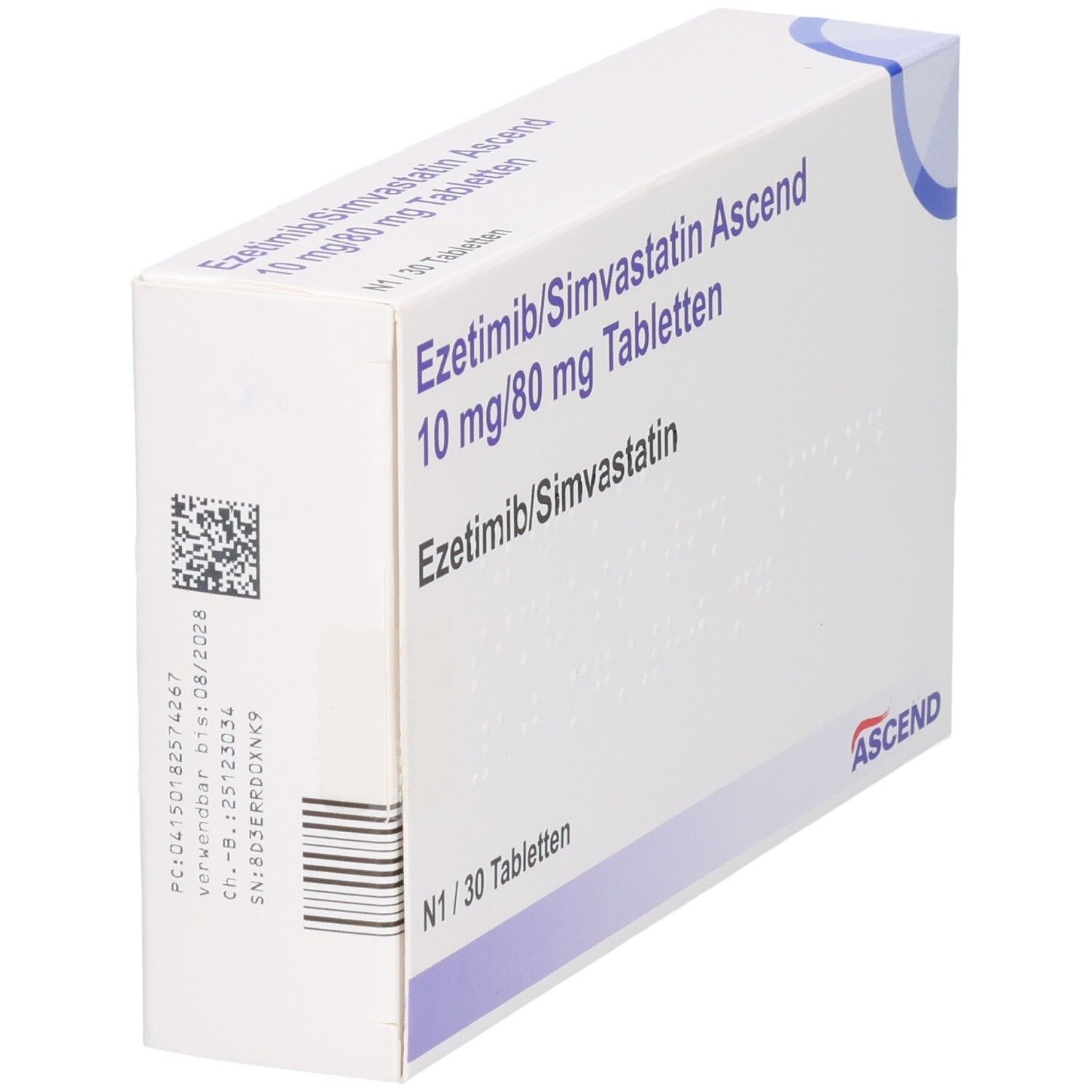 Tablettenbox, weiß. Aufschrift: Ezetimib/Simvastatin Ascend 10 mg/80 mg Tabletten. N1/30 Tabletten. Barcode und Chargennummer.