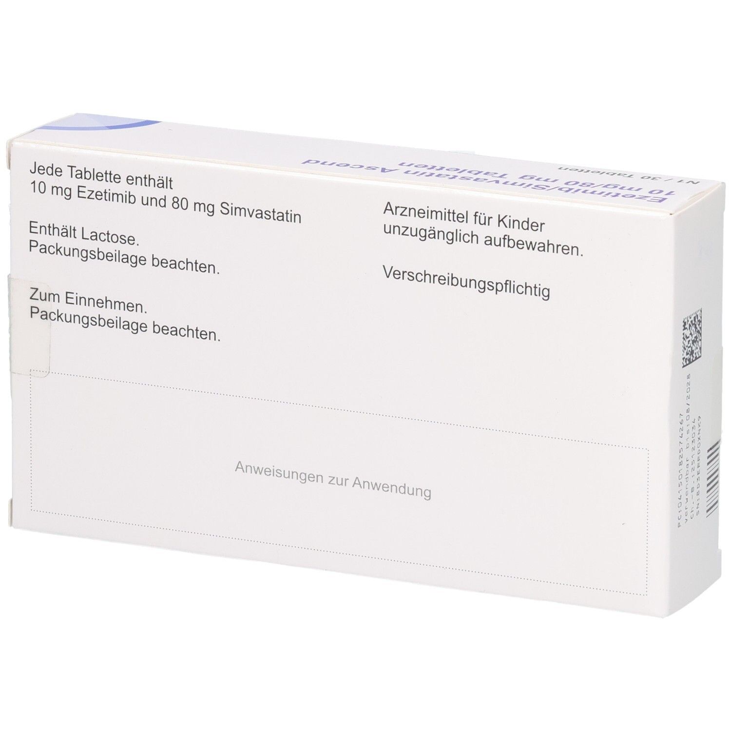 Rückseite der Tablettenbox. Text: Jede Tablette enthält 10 mg Ezetimib und 80 mg Simvastatin. Hinweise zur Anwendung. Verschreibungspflichtig.