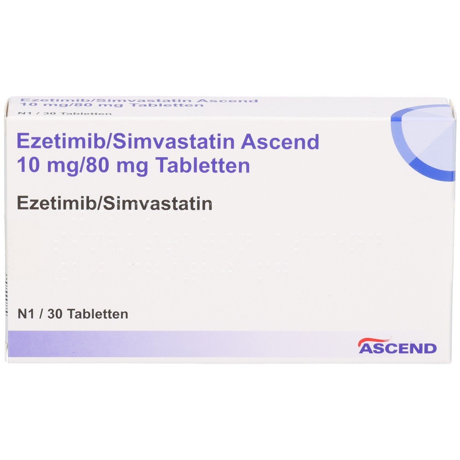Weiße Tablettenbox. Aufschrift: Ezetimib/Simvastatin Ascend 10 mg/80 mg Tabletten. N1/30 Tabletten. ASCEND Logo.