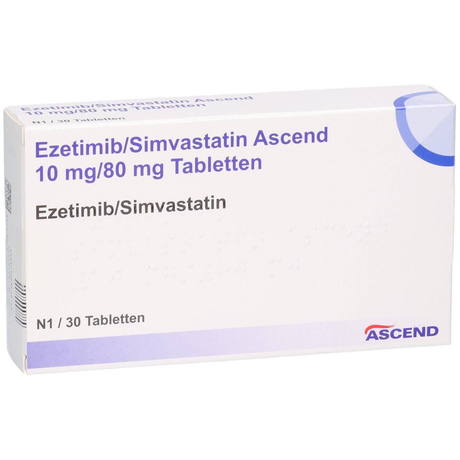 Weiße Tablettenbox. Aufschrift: Ezetimib/Simvastatin Ascend 10 mg/80 mg Tabletten. N1/30 Tabletten. ASCEND Logo.