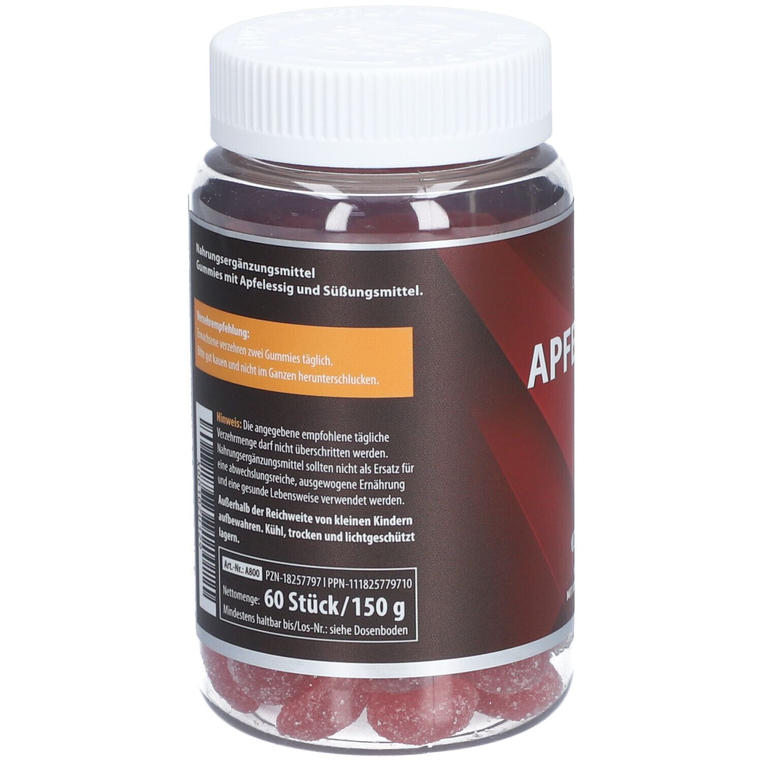 Rückseite der Flasche mit Informationen. Enthält Warnhinweise und Dosierungsempfehlungen. 60 Stück/150 g.