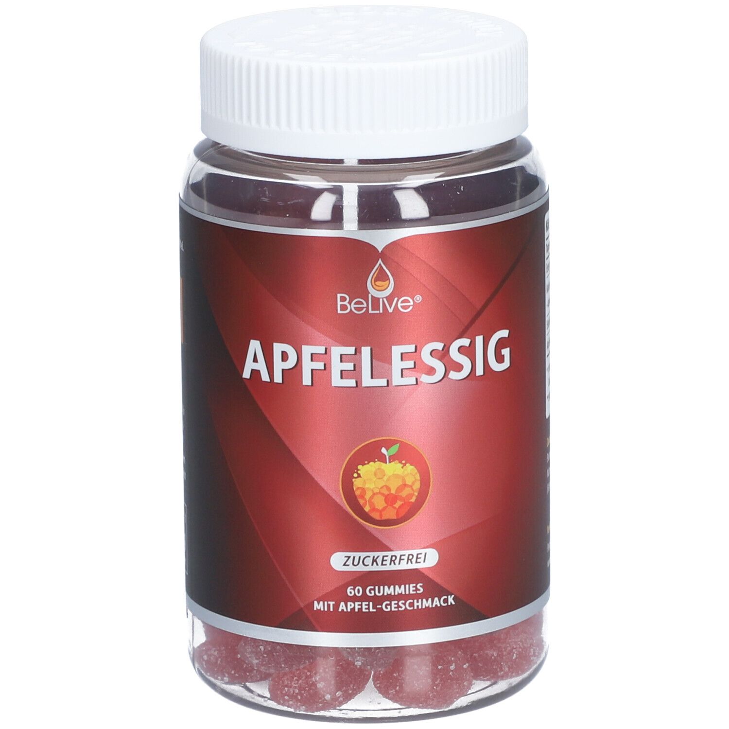 Rückseite der Flasche mit Nährwertdeklaration und Zutatenliste. Enthält Informationen zu Energie, Zucker und Apfelessig.