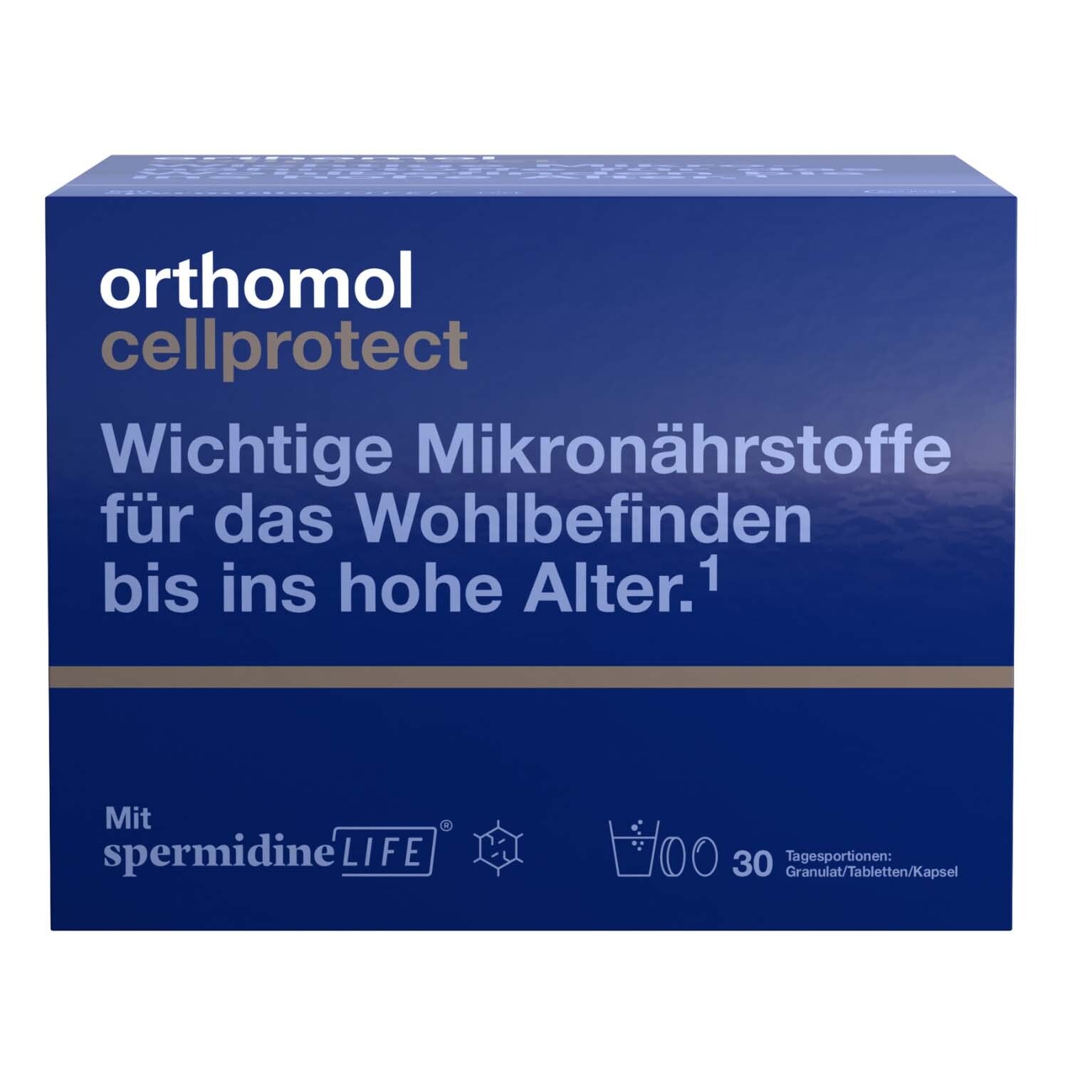 Orthomol Cellprotect ist ein Nahrungsergänzungsmittel. Es enthält wichtige Mikronährstoffe. Mit Spermidin.