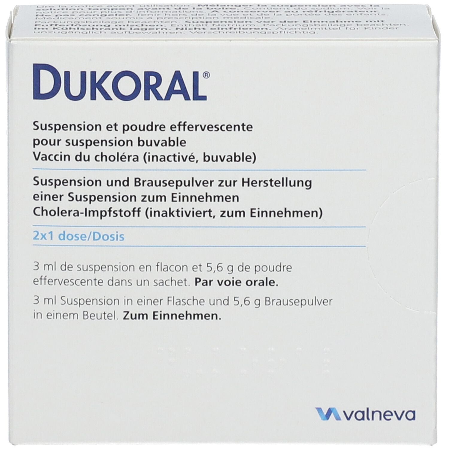 Weiße Faltschachtel mit Produktnamen Dukoral. Text in Deutsch und Französisch. Valneva Logo.