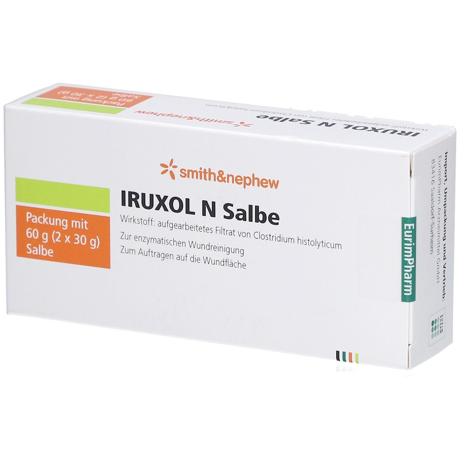 Weiße Schachtel mit orangefarbenem und grünem Akzent. Aufschrift: IRUXOL N Salbe, smith&nephew. Packung mit 60 g Salbe.
