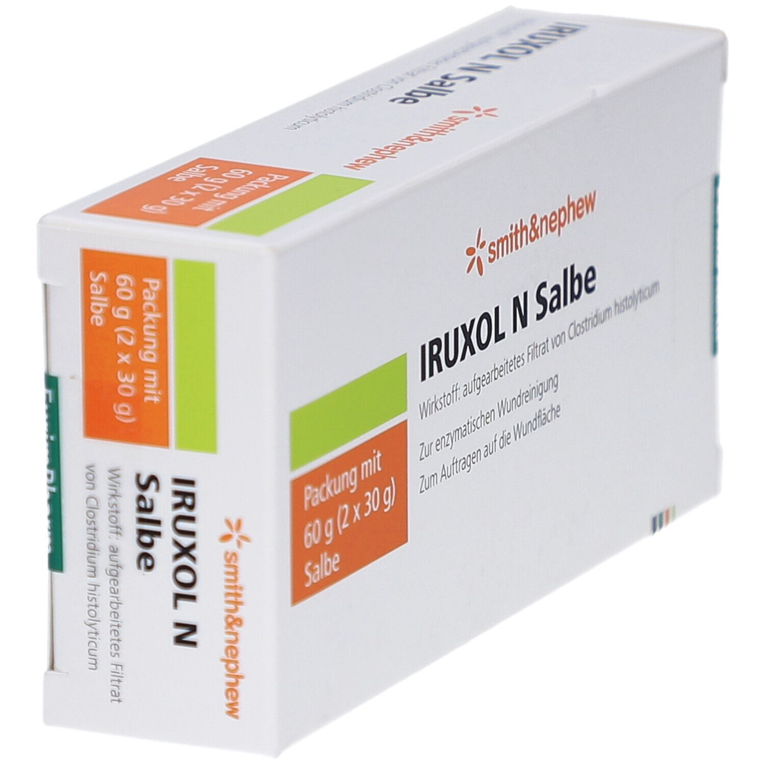 Schachtel IRUXOL N Salbe, weiß mit orangefarbenem und grünem Akzent. Aufschrift: smith&nephew. Packung mit 60 g Salbe.