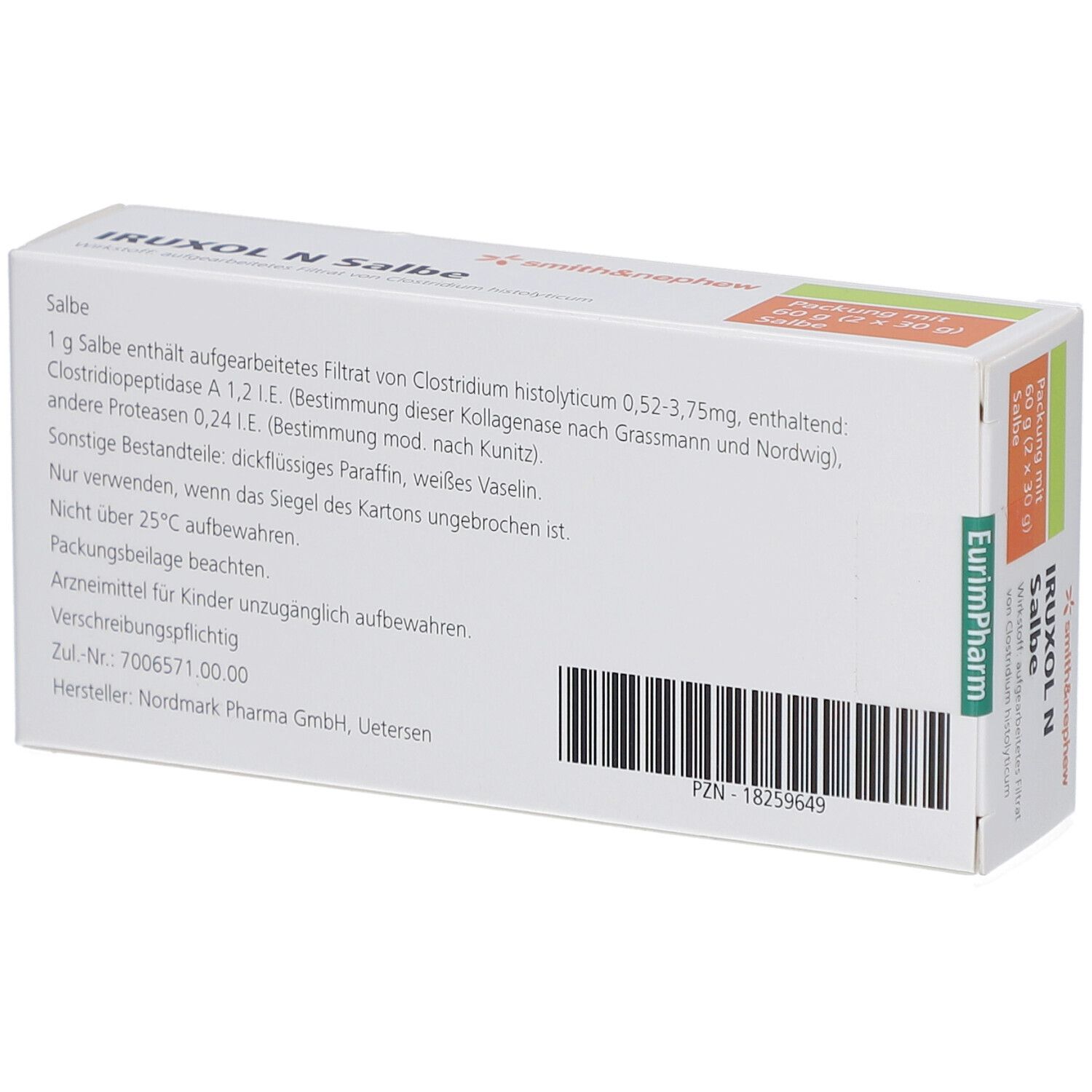 Rückseite der weißen Schachtel IRUXOL N Salbe. Text mit Inhaltsstoffen und Herstellerinformationen. Barcode und PZN-Nummer.