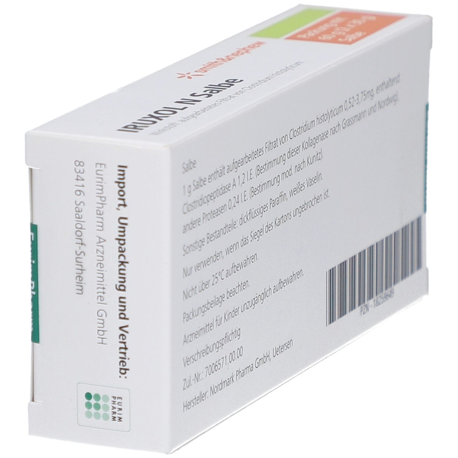 Schachtel IRUXOL N Salbe, weiß. Text mit Inhaltsstoffen und Herstellerinformationen. Importeur: EurimPharm.