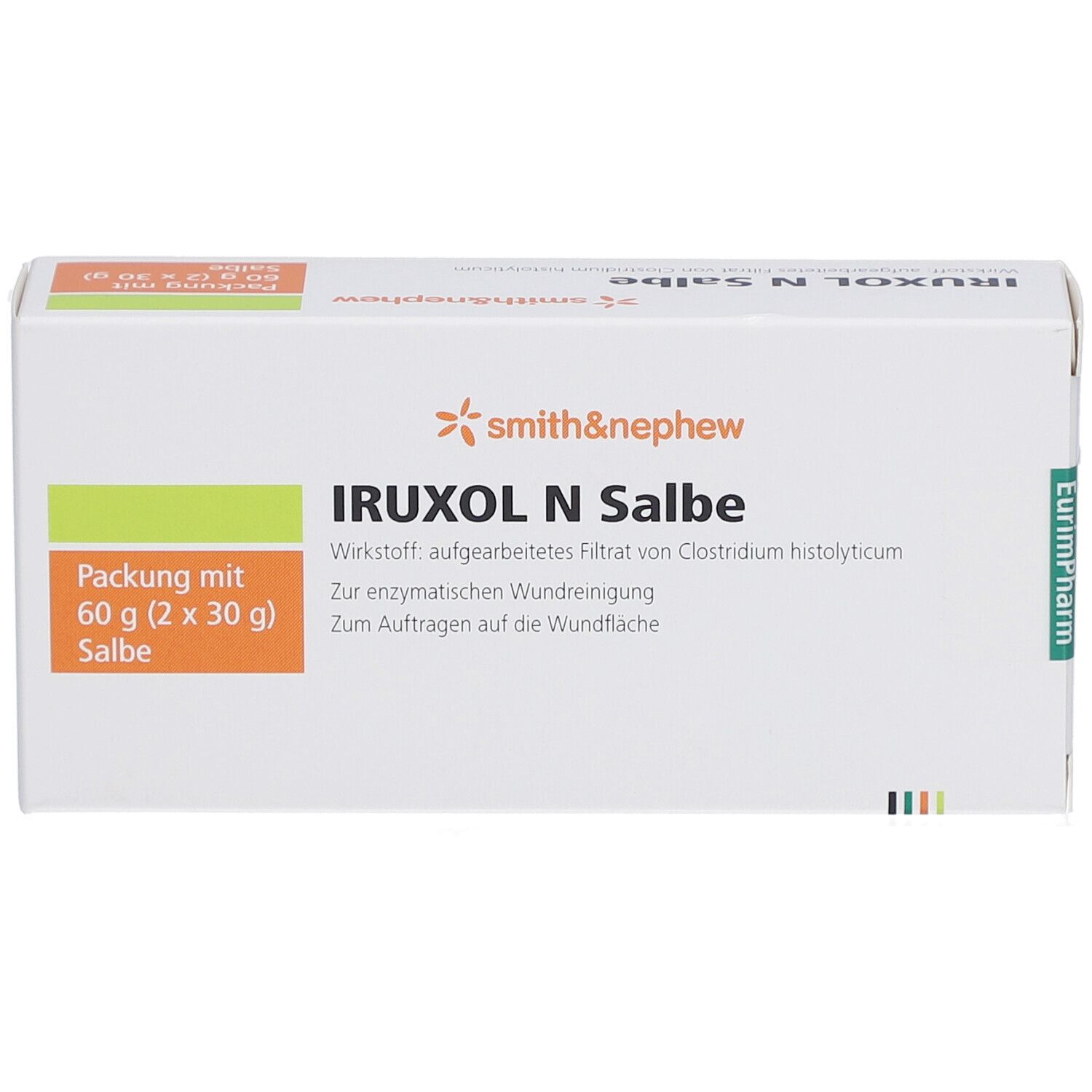 Weiße Schachtel IRUXOL N Salbe mit orangefarbenem und grünem Akzent. Aufschrift: smith&nephew. Packung mit 60 g Salbe.