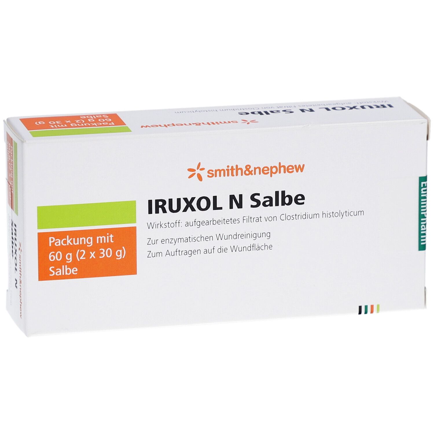 Weiße Schachtel IRUXOL N Salbe mit orangefarbenem und grünem Akzent. Aufschrift: smith&nephew. Packung mit 60 g Salbe.