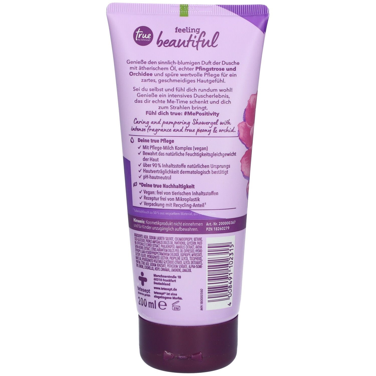 Lila Tube mit weißer Schrift. Enthält Duschgel. Aufschrift: true, feeling beautiful. Unten: 200 ml.