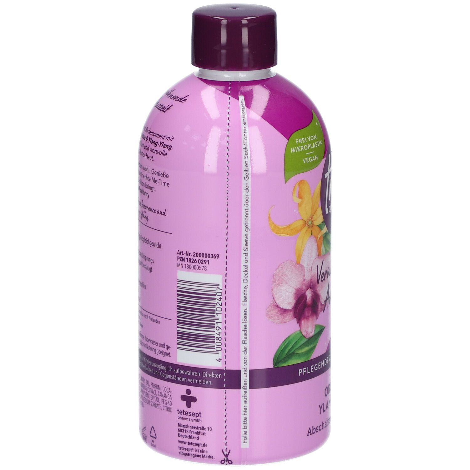 Rückseite der Flasche. Text: "true by tetesept" Schaumbad. Inhaltsstoffe, Anwendungshinweise. Vegan.