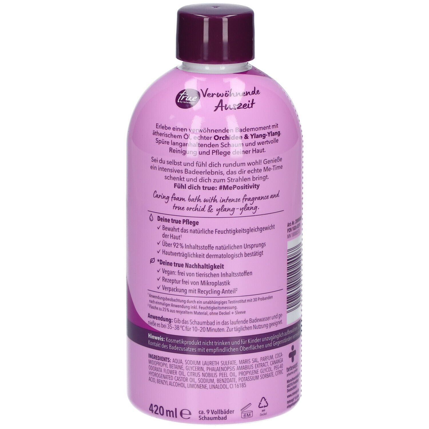 Rückseite der Flasche. Text: "true by tetesept" Schaumbad. Inhaltsstoffe, Anwendungshinweise. Vegan.