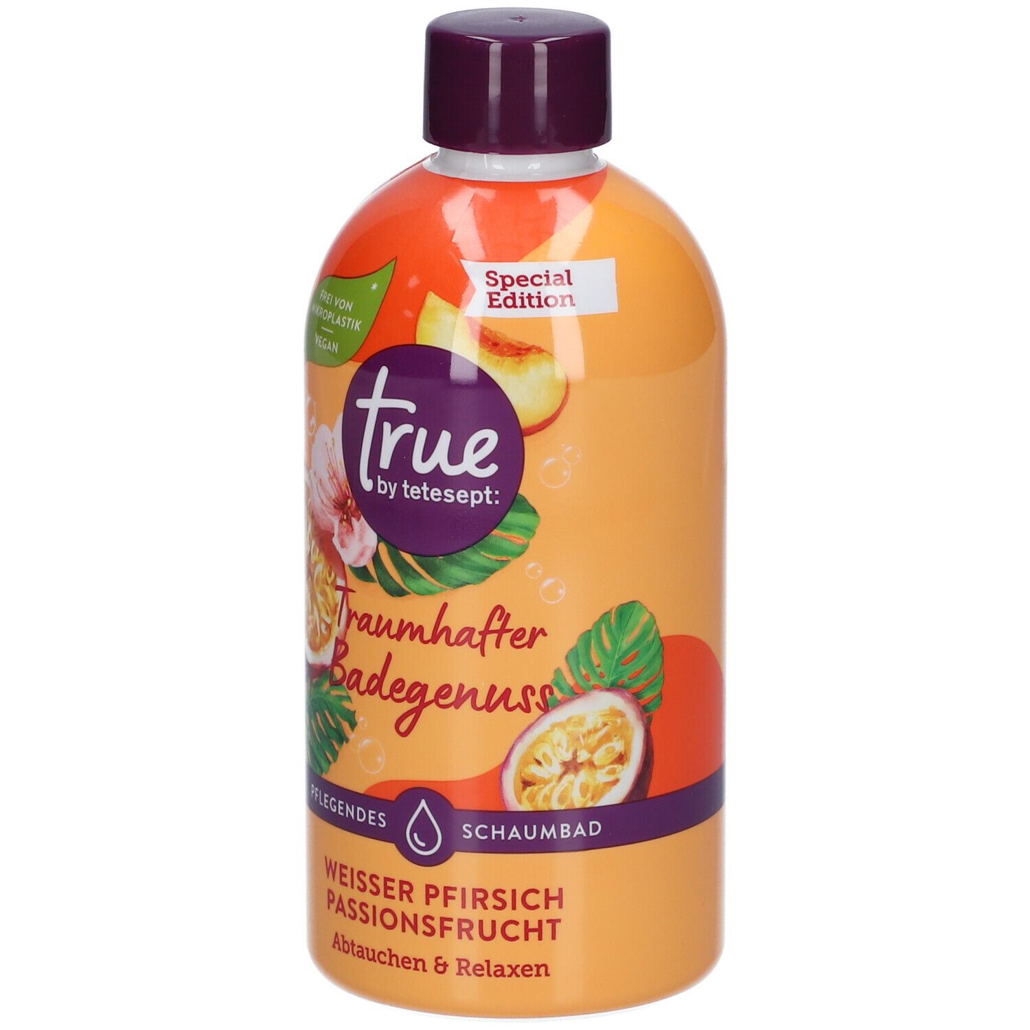 Flasche mit orangefarbenem Etikett. Enthält Schaumbad. Aufschrift: true by tetesept, Traumhafter Badegenuss, Weisser Pfirsich Passionsfrucht.