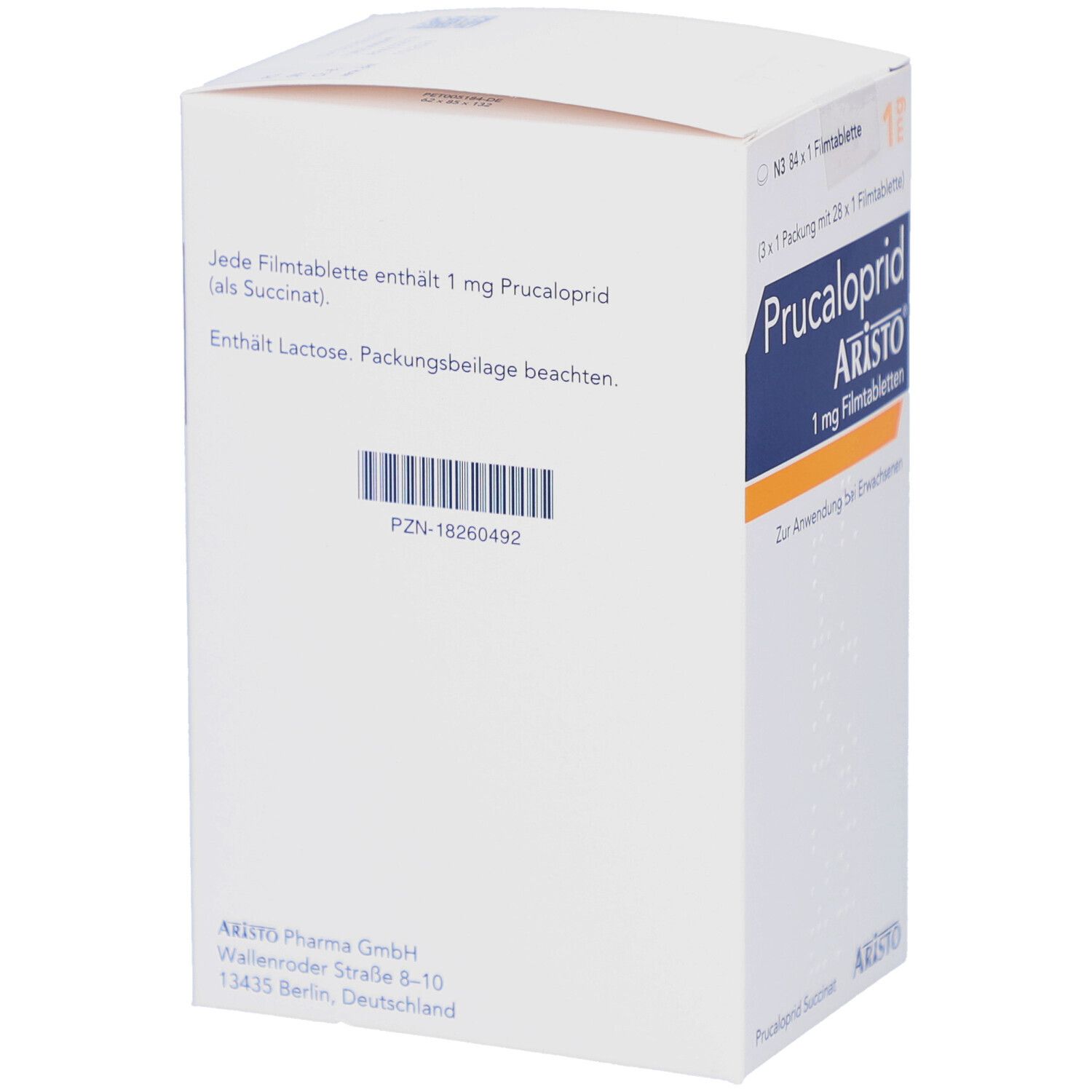 Weiße Faltschachtel mit Text. Aufschrift: Jede Filmtablette enthält 1 mg Prucaloprid. Barcode und Firmenlogo.