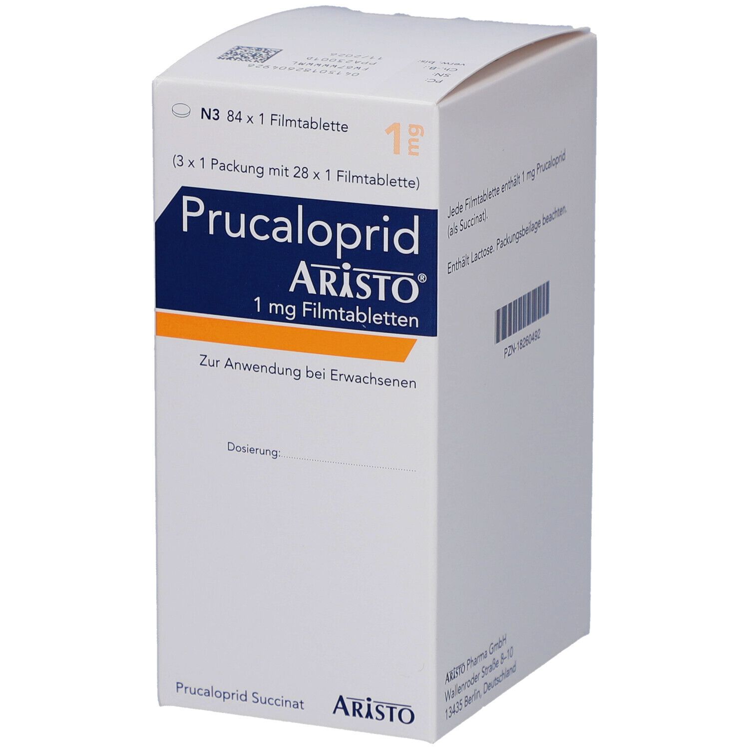 Weiße Faltschachtel mit blauer und gelber Beschriftung. Aufschrift: PRUCALOPRID ARISTO 1 mg Filmtabletten. Dosierung.