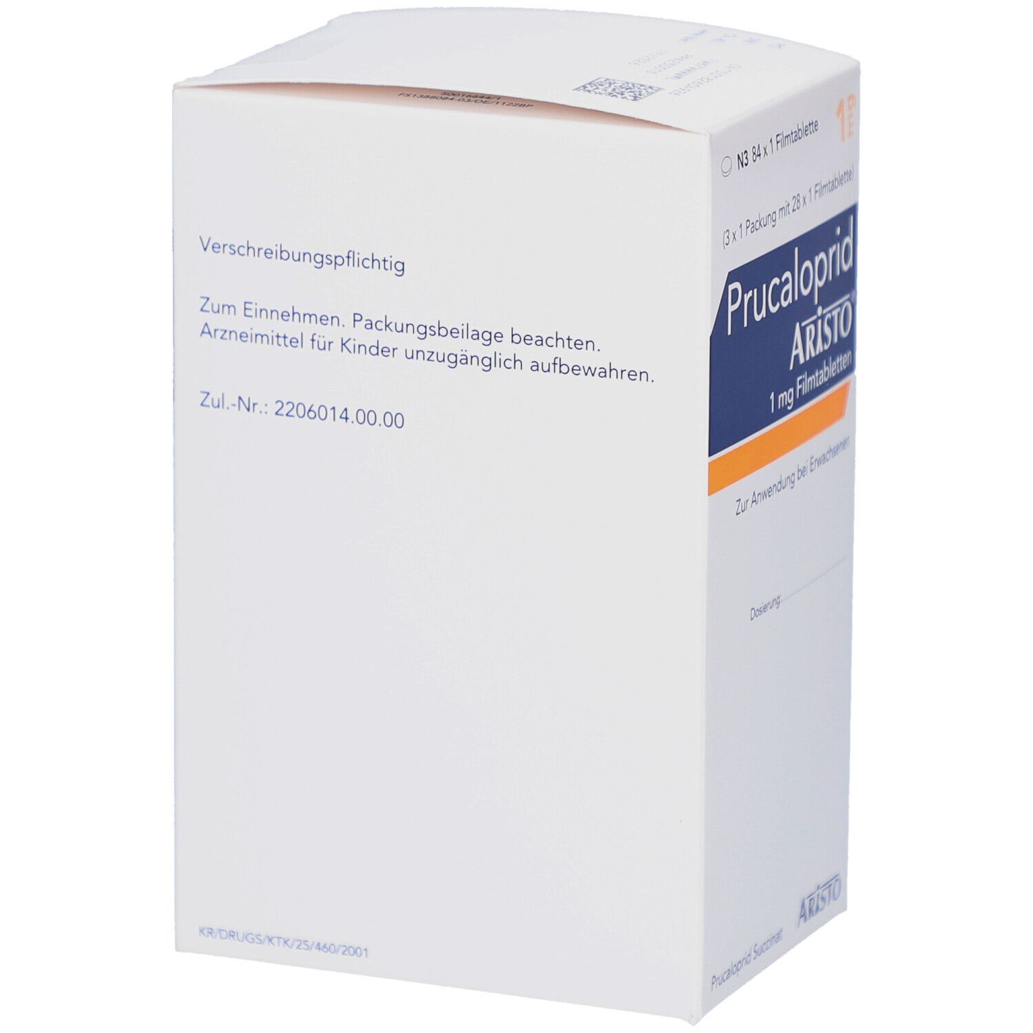 Weiße Faltschachtel mit Text. Aufschrift: Verschreibungspflichtig. Zul.-Nr. 2206014.00.00. Packungsbeilage beachten.