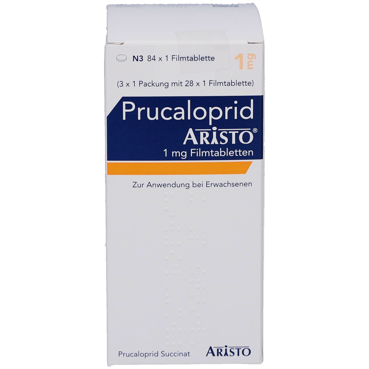 Weiße Faltschachtel mit blauer und gelber Beschriftung. Aufschrift: PRUCALOPRID ARISTO 1 mg Filmtabletten.