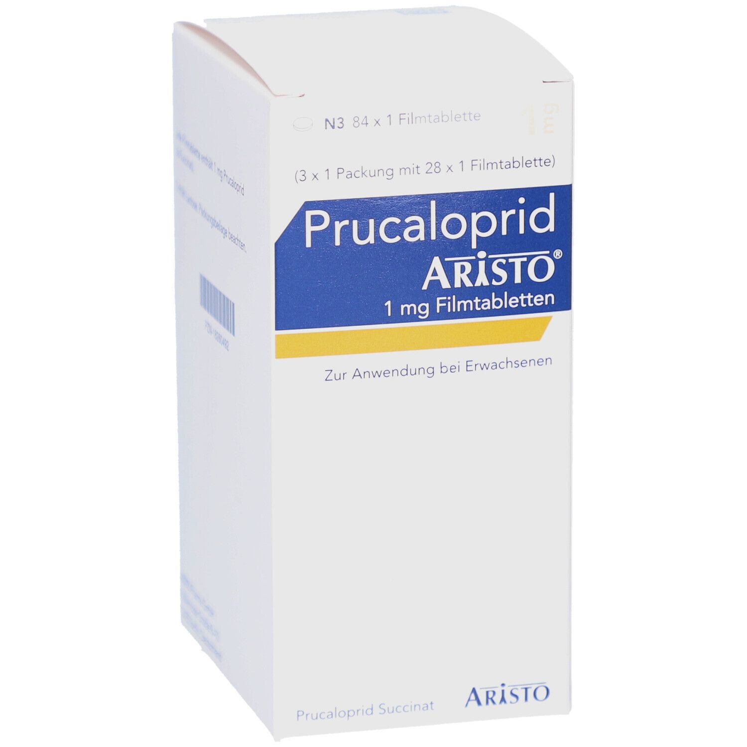 Weiße Faltschachtel mit blauer und gelber Beschriftung. Aufschrift: PRUCALOPRID ARISTO 1 mg Filmtabletten.