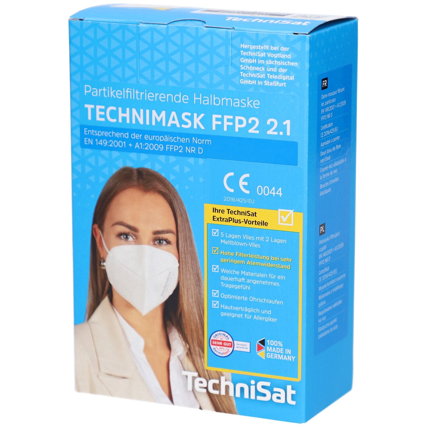 Blau-weiße Verpackung mit Technimask FFP2 2.1 Maske. Frau mit Maske abgebildet. CE-Kennzeichnung, Text: ExtraPlus-Vorteile.