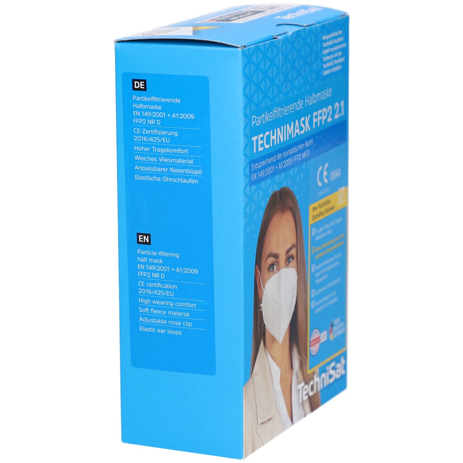 Blaue Verpackung mit Text: Partikelfiltrierende Halbmaske Technimask FFP2 2.1. CE-Zertifizierung. Text in Deutsch und Englisch.