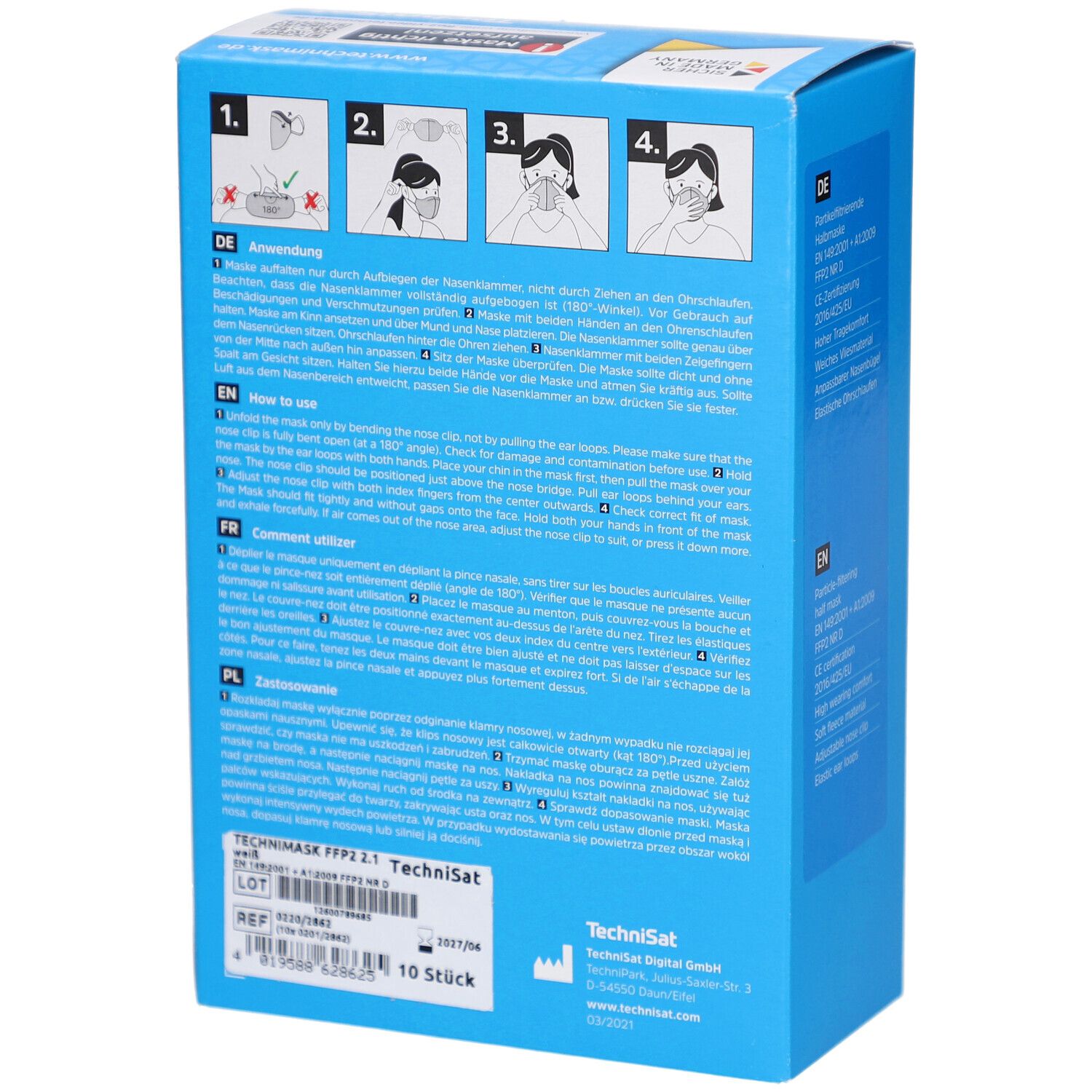 Blaue Verpackung, Rückseite mit Anweisungen zur Verwendung der Maske. Text in Deutsch, Englisch, Französisch und Polnisch.