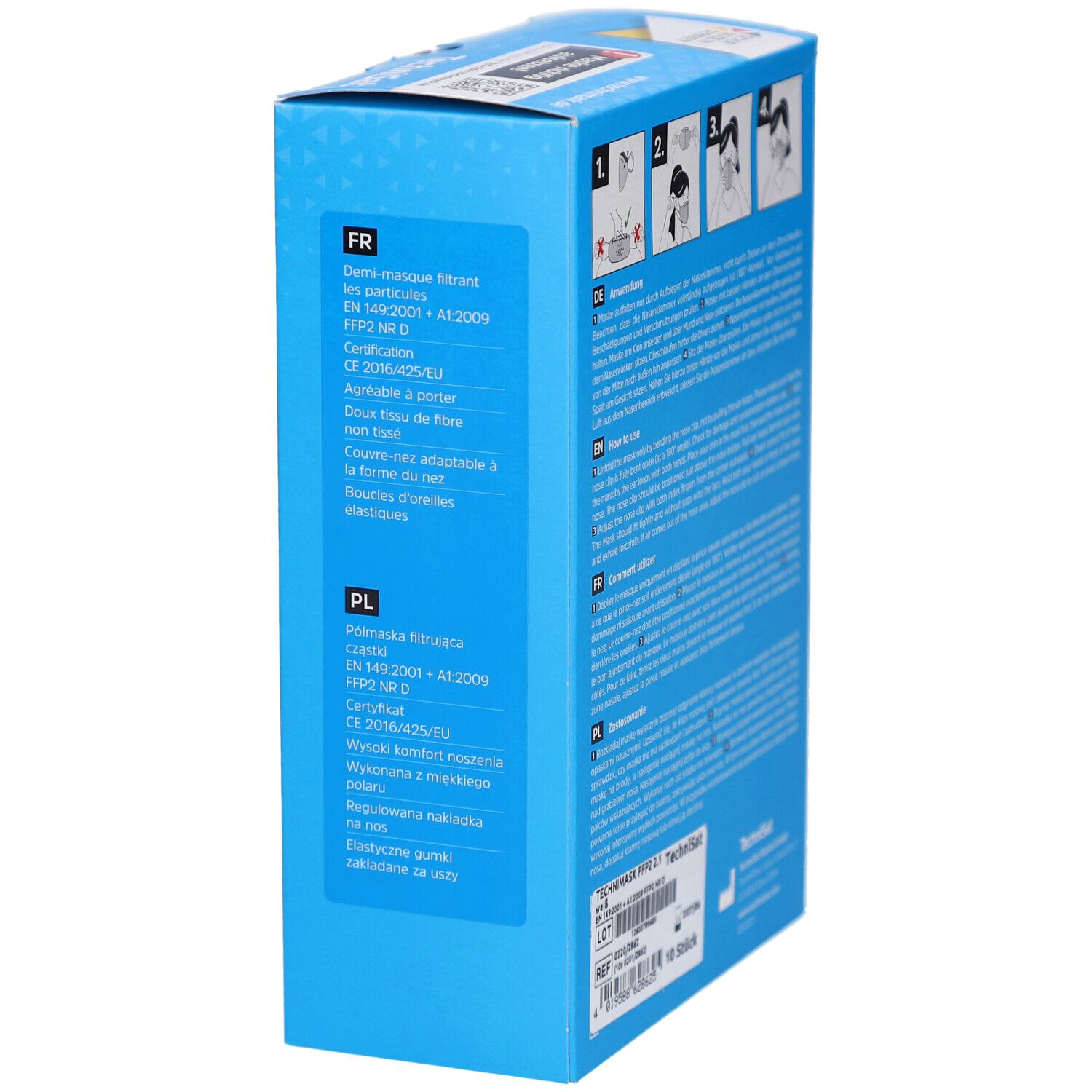 Blaue Verpackung, Rückseite mit Text in Französisch und Polnisch. Abbildungen zur Anwendung. Text: Technimask FFP2 2.1.