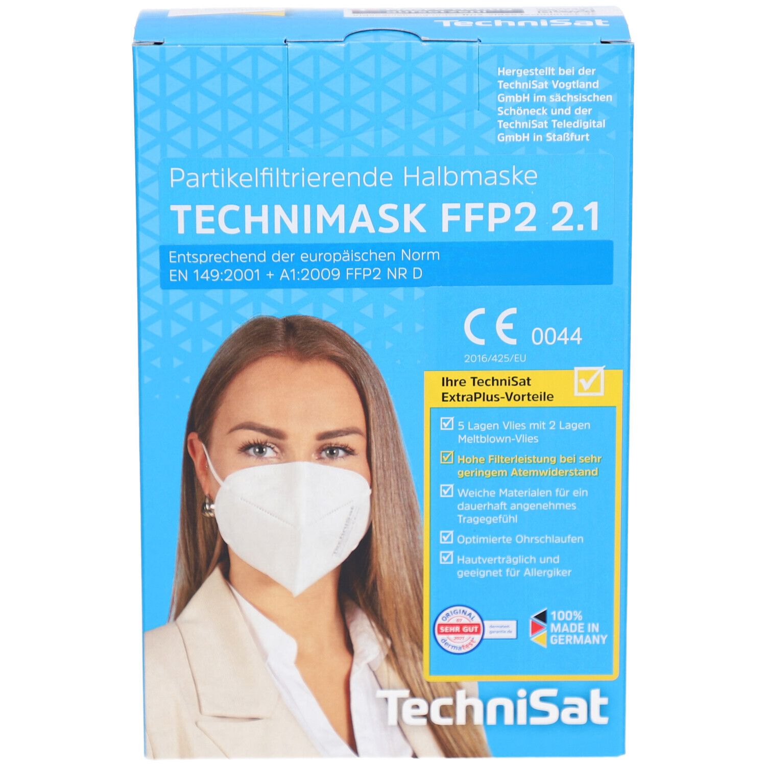 Blaue Verpackung mit Technimask FFP2 2.1 Maske. Frau mit Maske abgebildet. CE-Kennzeichnung, Text: ExtraPlus-Vorteile.