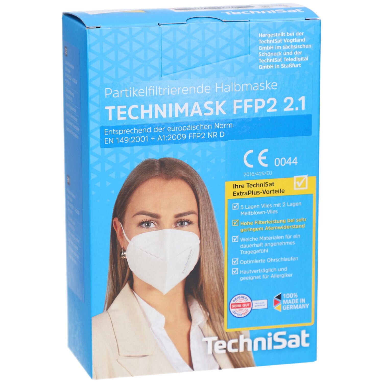 Blaue Verpackung mit Technimask FFP2 2.1 Maske. Frau mit Maske abgebildet. CE-Kennzeichnung, Text: ExtraPlus-Vorteile.
