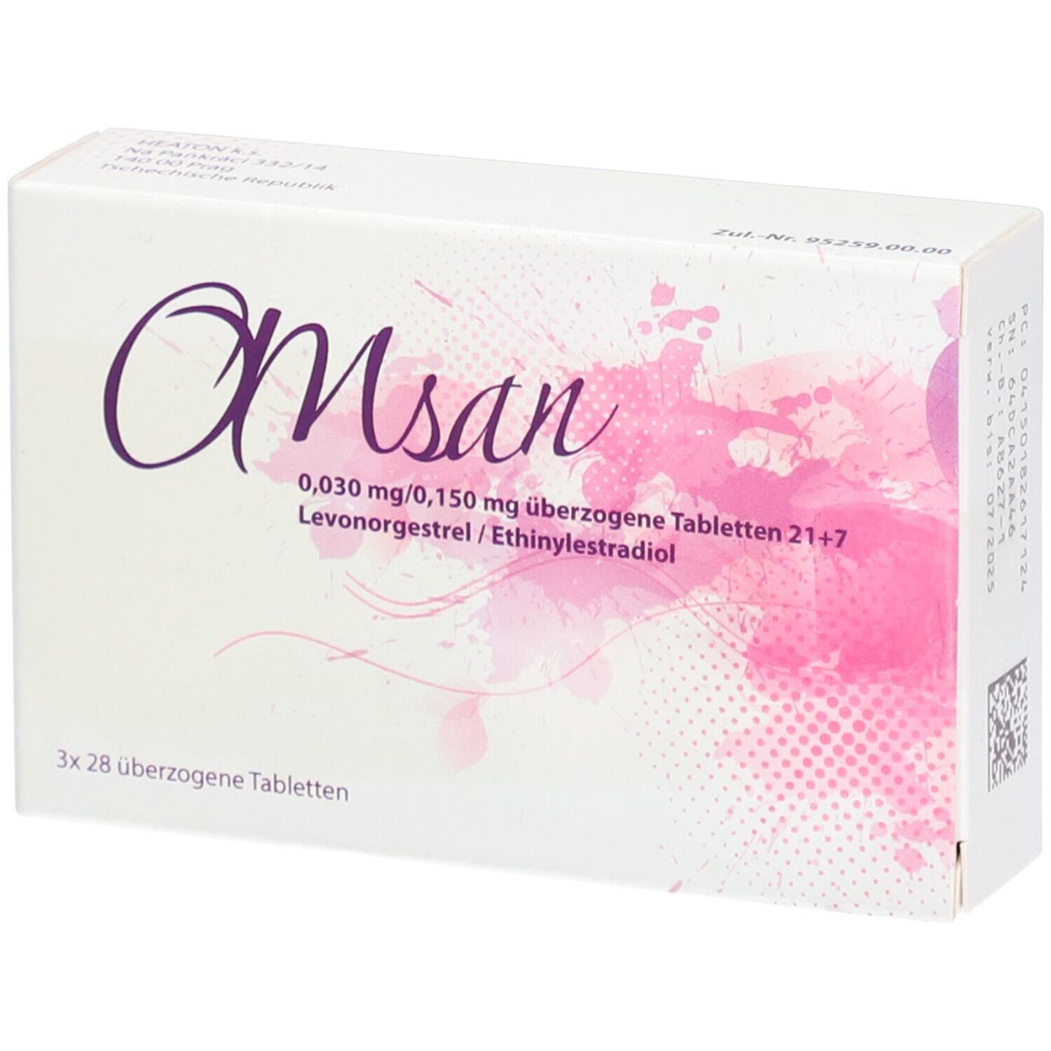 Weiße Faltschachtel mit lila Schriftzug "Omsan". Enthält 21+7 überzogene Tabletten. Aufdrucke: 0,030 mg/0,150 mg, Levonorgestrel/Ethinylestradiol.