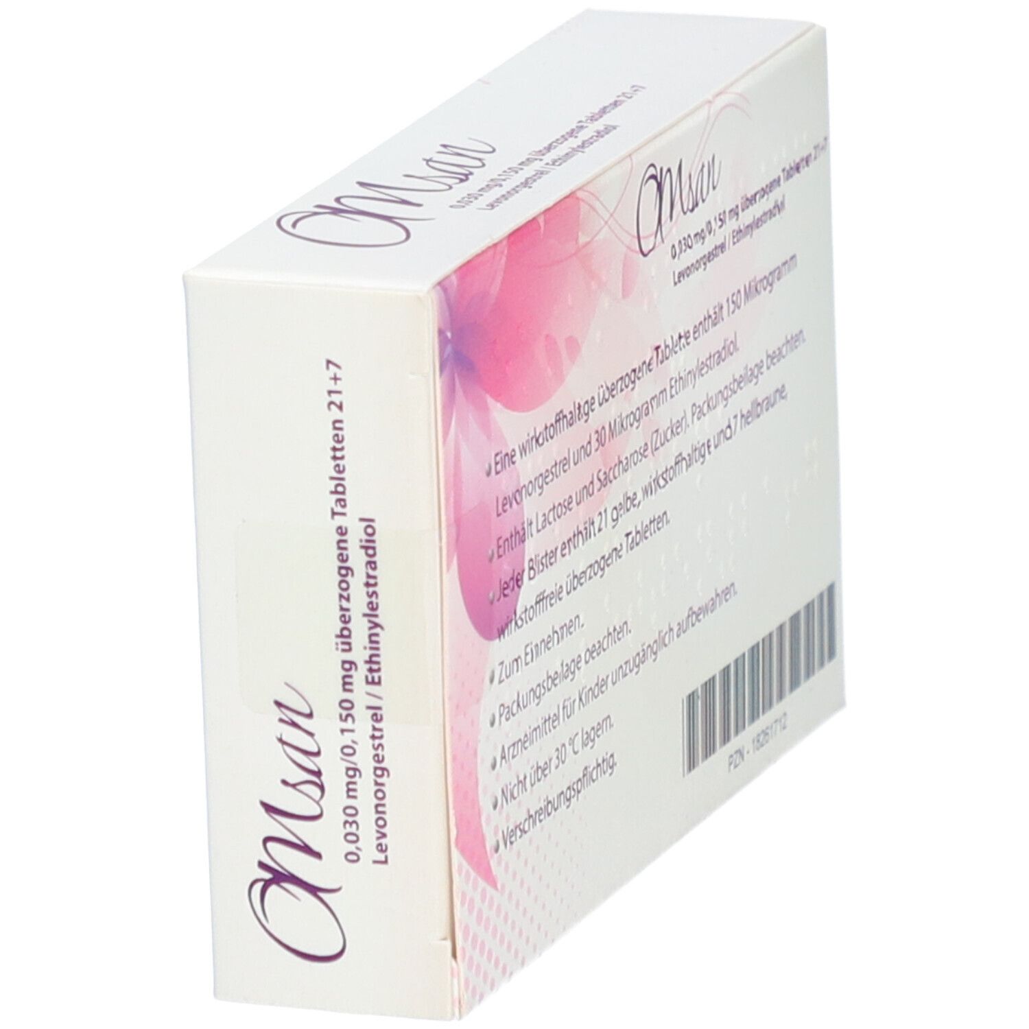 Weiße Faltschachtel, schräge Ansicht. Lila Schriftzug "Omsan". Enthält 21+7 überzogene Tabletten. Aufdrucke: 0,030 mg/0,150 mg, Levonorgestrel/Ethinylestradiol.