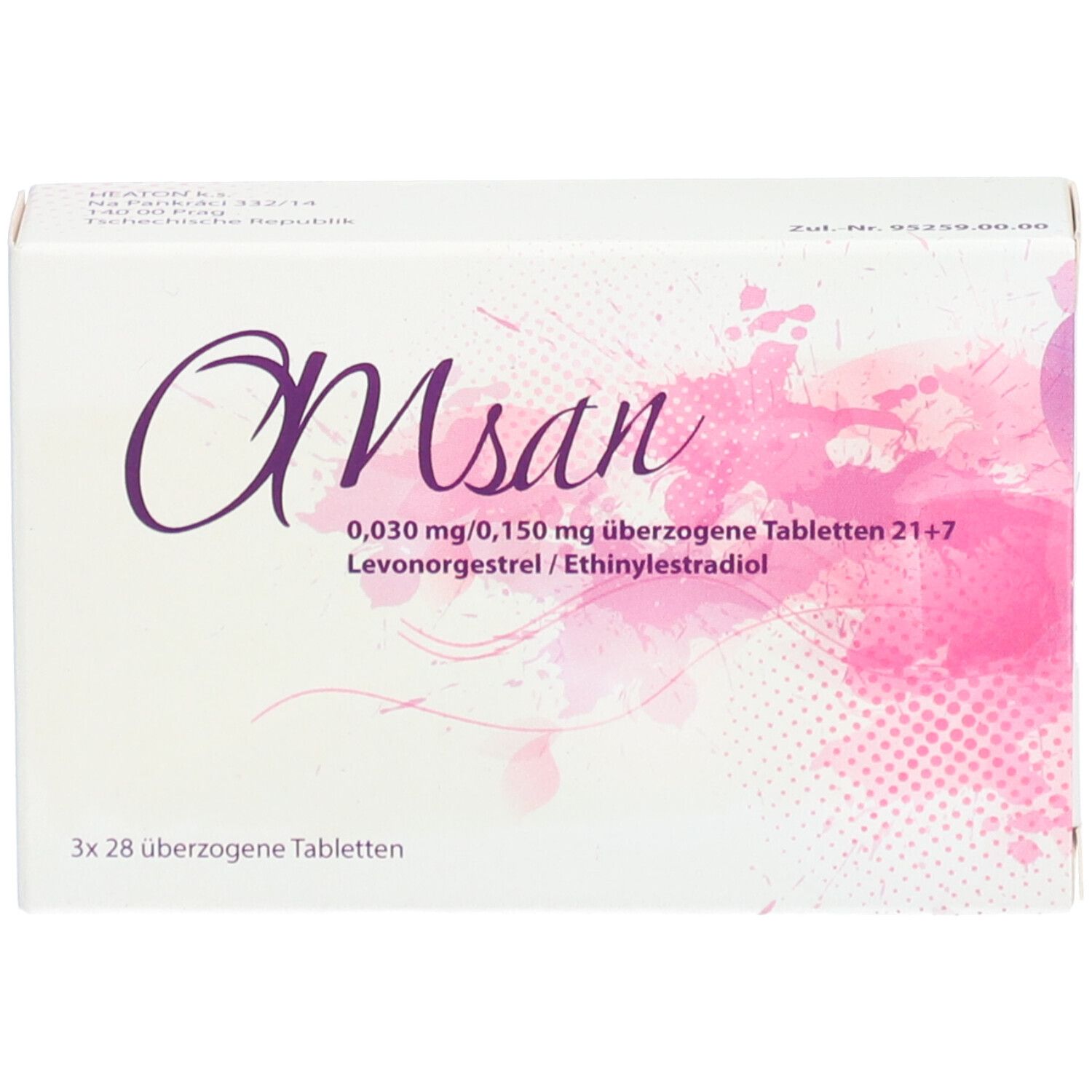 Weiße Faltschachtel mit lila Schriftzug "Omsan". Enthält 21+7 überzogene Tabletten. Aufdrucke: 0,030 mg/0,150 mg, Levonorgestrel/Ethinylestradiol.