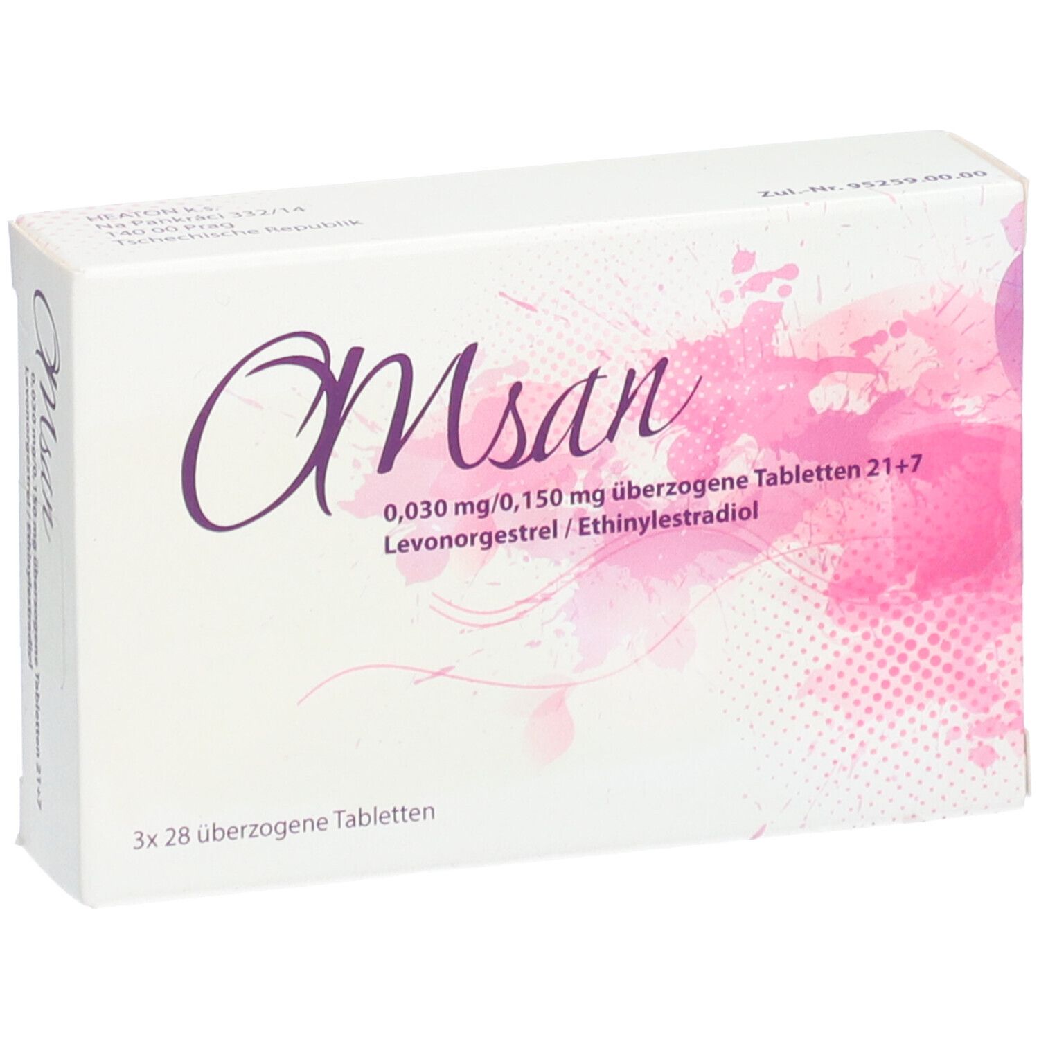 Weiße Faltschachtel mit lila Schriftzug "Omsan". Enthält 21+7 überzogene Tabletten. Aufdrucke: 0,030 mg/0,150 mg, Levonorgestrel/Ethinylestradiol.